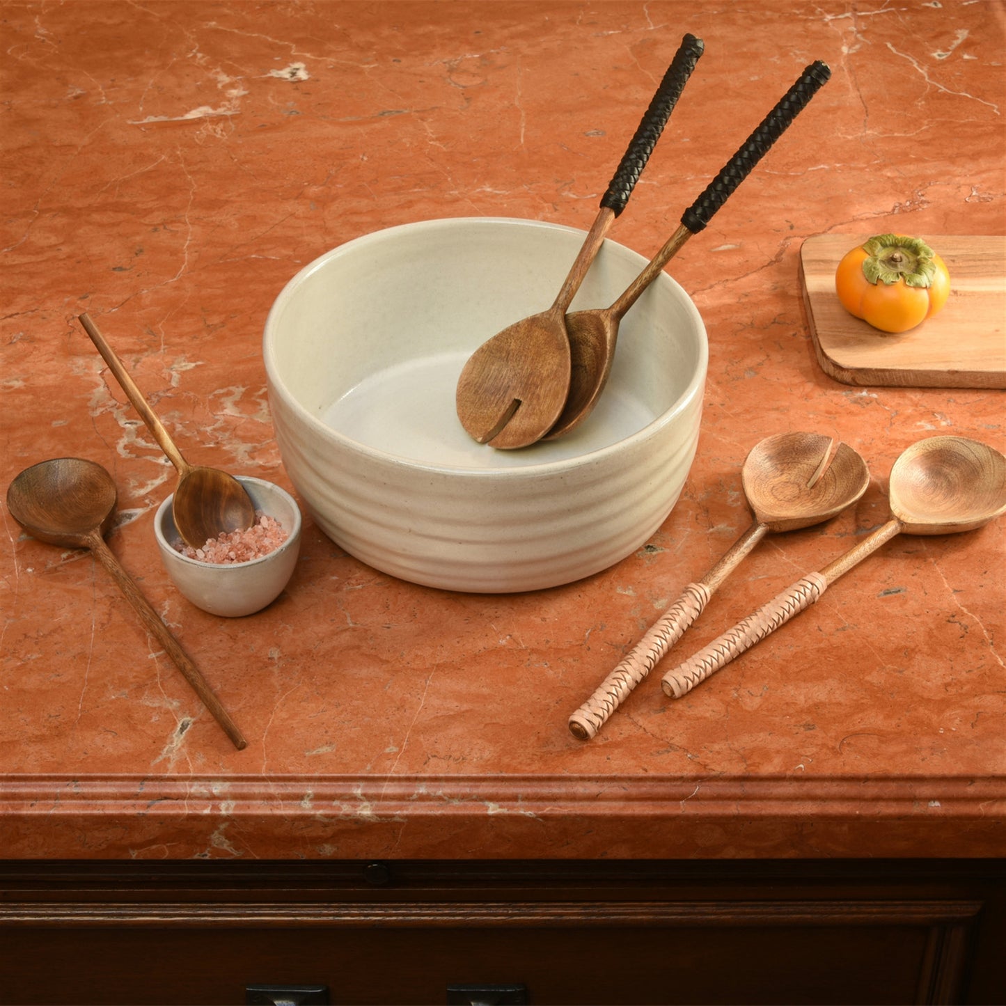 Burke Salad Servers, Wood & Natural Leather Set Of 4 By HomArt | Kitchen Accessories | Modishstore - 3