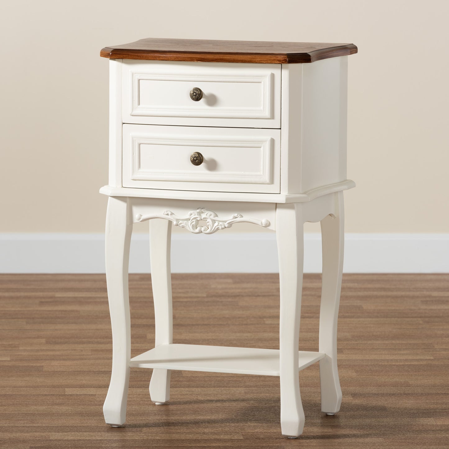 Baxton Studio Darla Classic and Traditional French White and Cherry Brown Finished Wood 2-Drawer End Table | Cabinets | Modishstore - 8