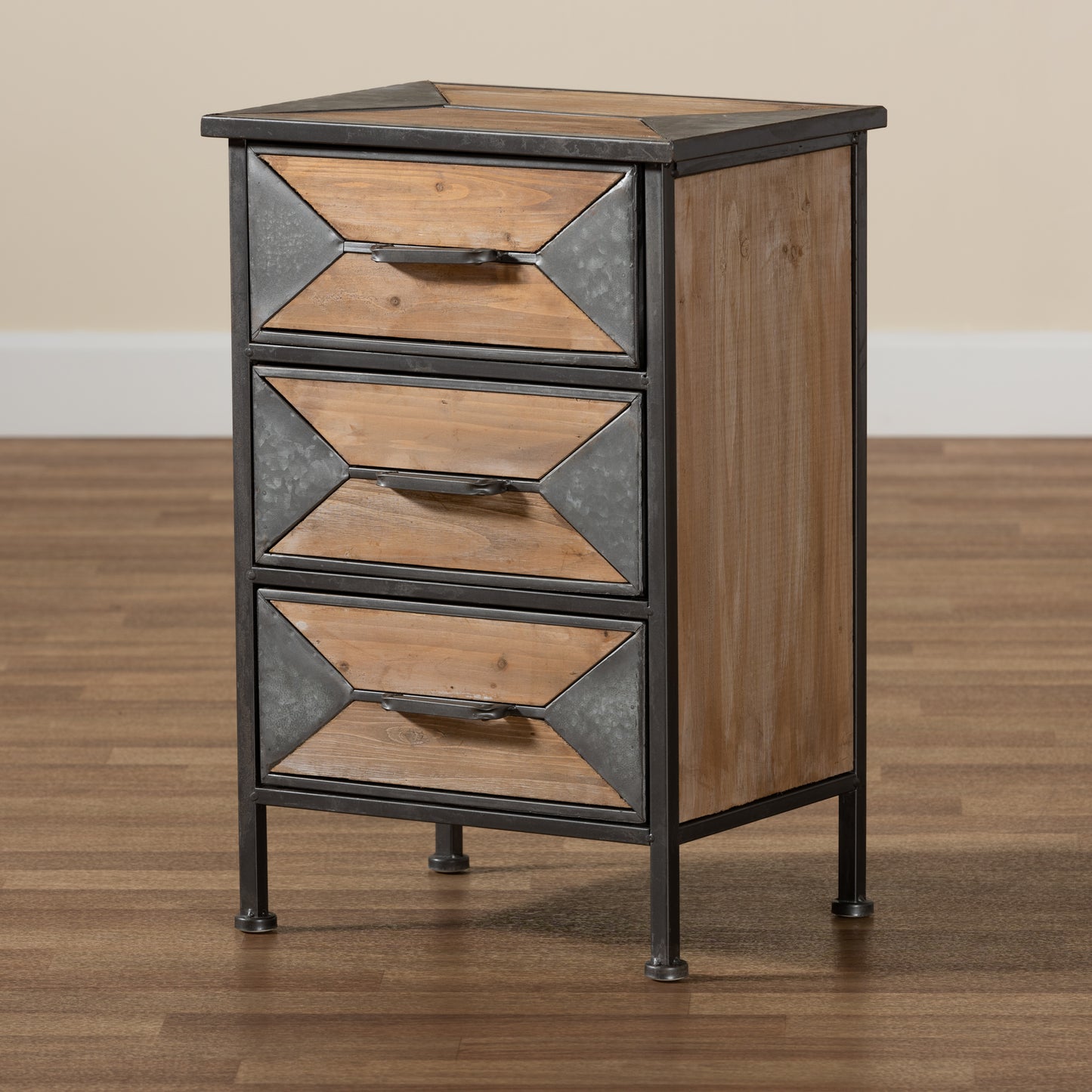 Baxton Studio Laurel Rustic Industrial Antique Grey Finished Metal and Whitewashed Oak Brown Finished Wood 3-Drawer End Table | Cabinets | Modishstore - 8