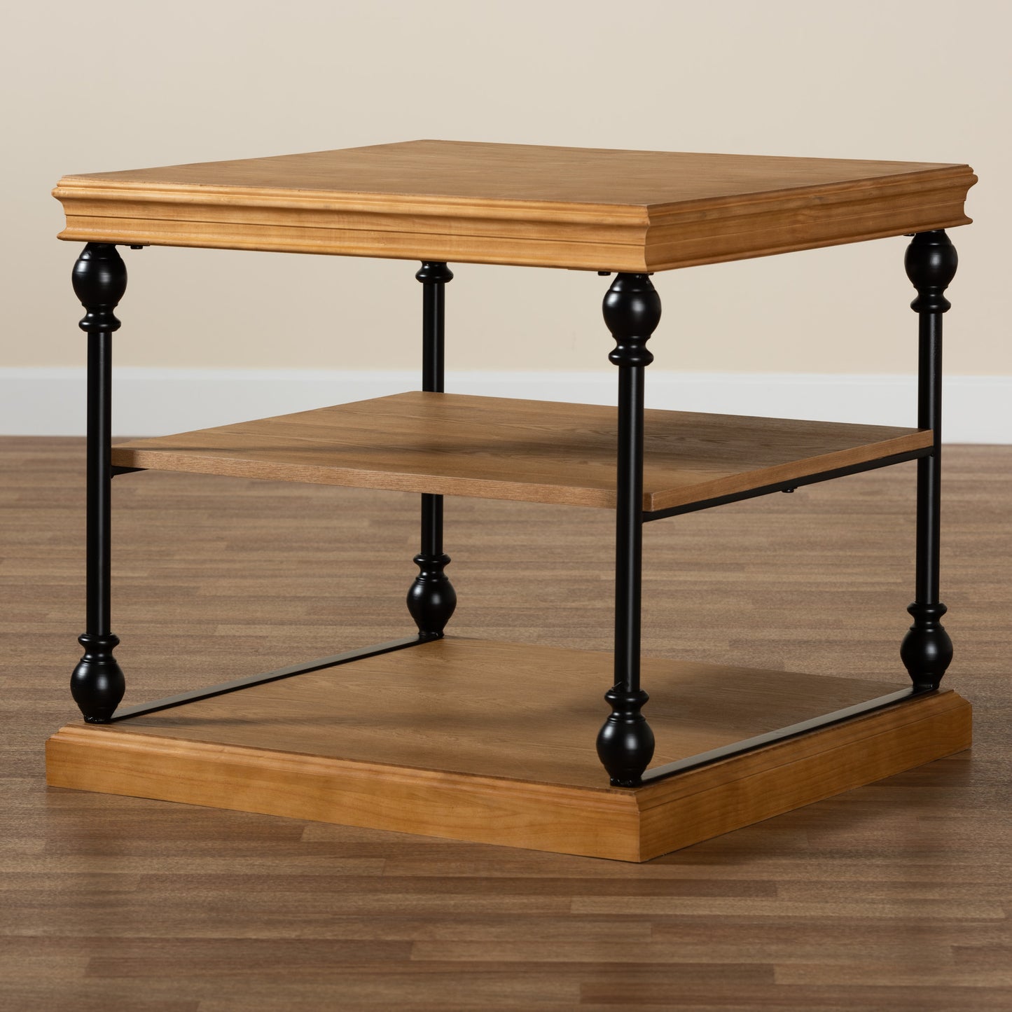 Baxton Studio Sebastian Traditional Industrial Oak Brown Finished Wood and Black Metal 3-Tier End Table | End Tables | Modishstore - 8