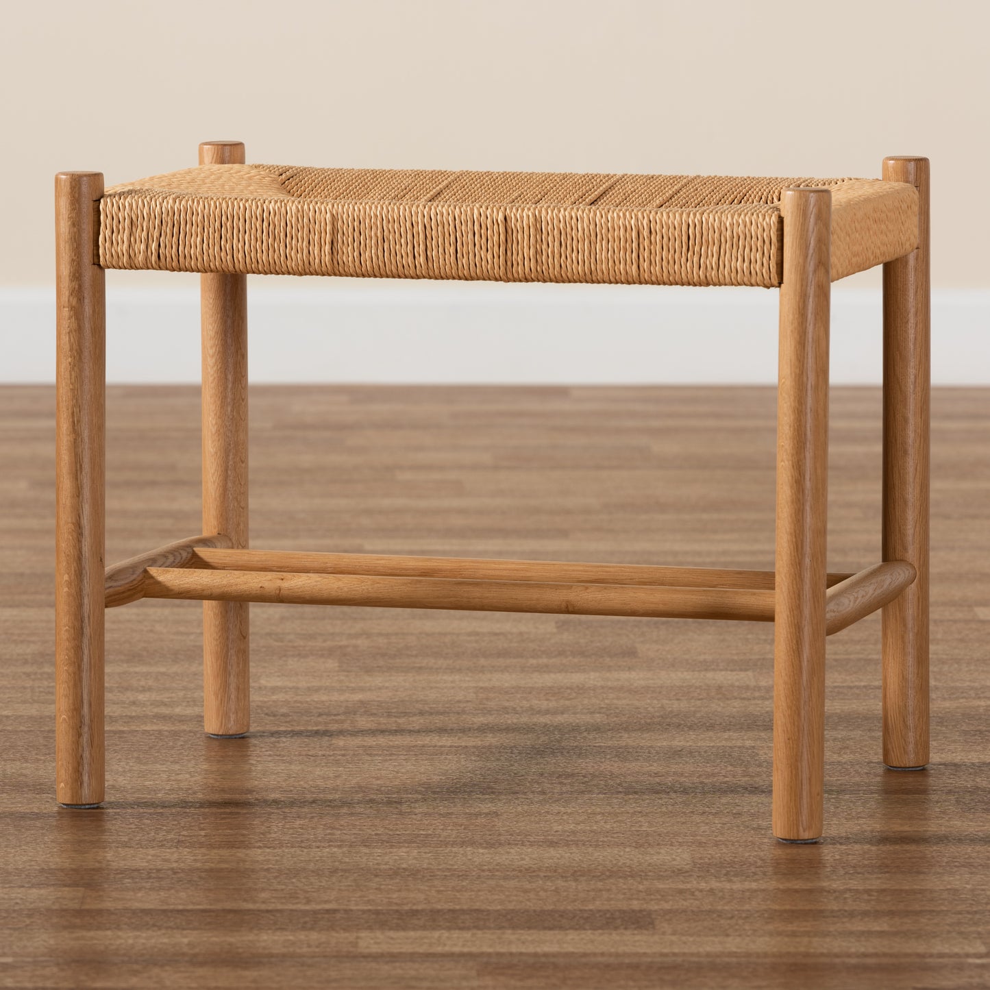 Baxton Studio Saura Mid-Century Modern Oak Brown Finished Wood and Hemp Accent Bench | Benches | Modishstore - 8