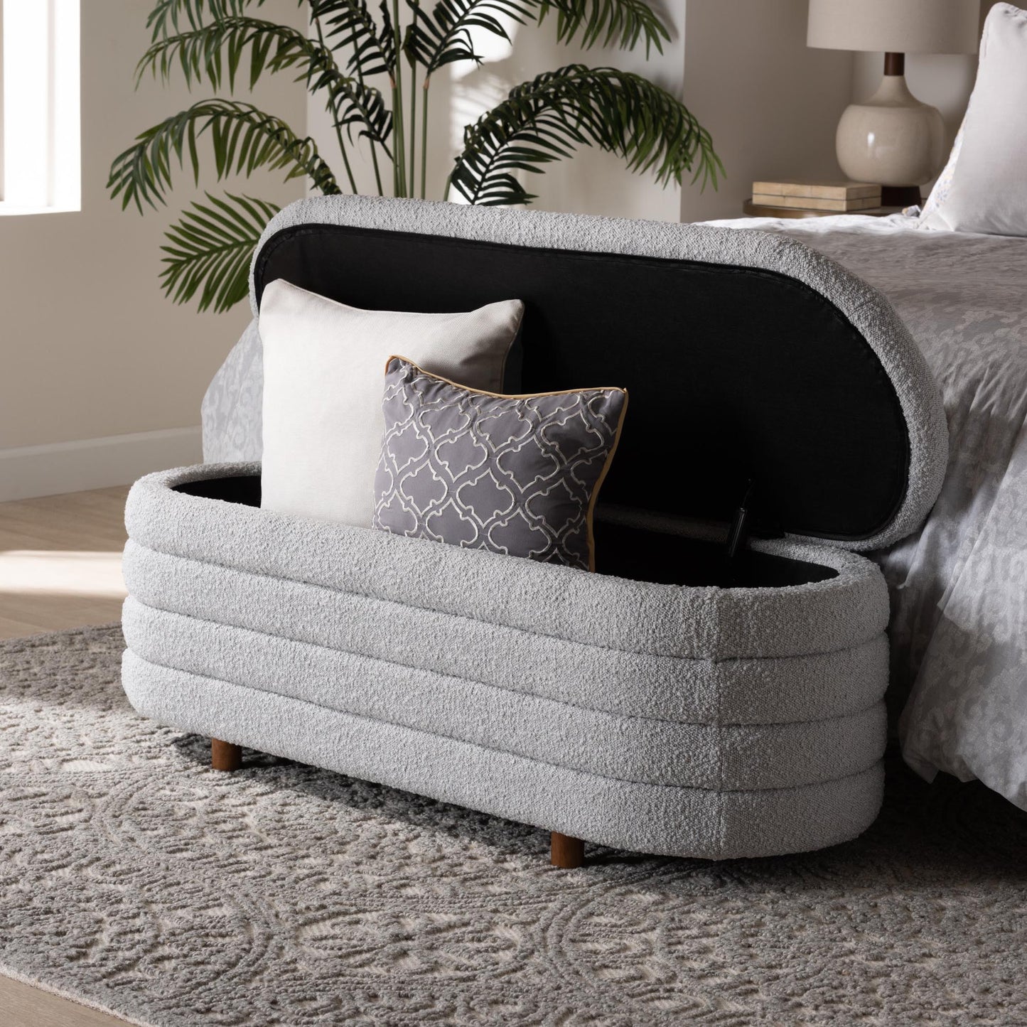 Baxton Studio Betiana Modern Japandi Light Grey Boucle Fabric and Walnut Brown Finished Wood Storage Bench | Benches | Modishstore - 10