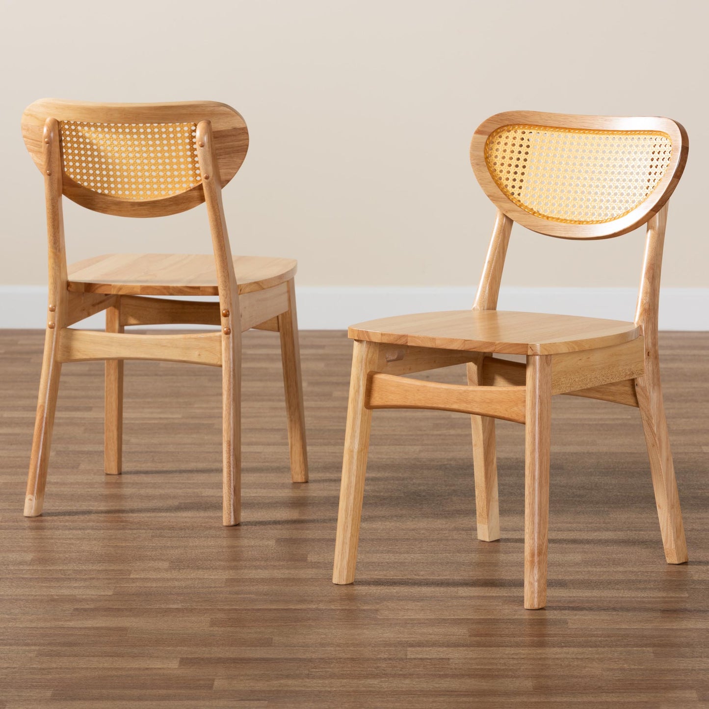 Baxton Studio Nenet Mid-Century Modern Oak Brown Finished Wood and Rattan 2-Piece Dining Chair Set | Dining Chairs | Modishstore - 9