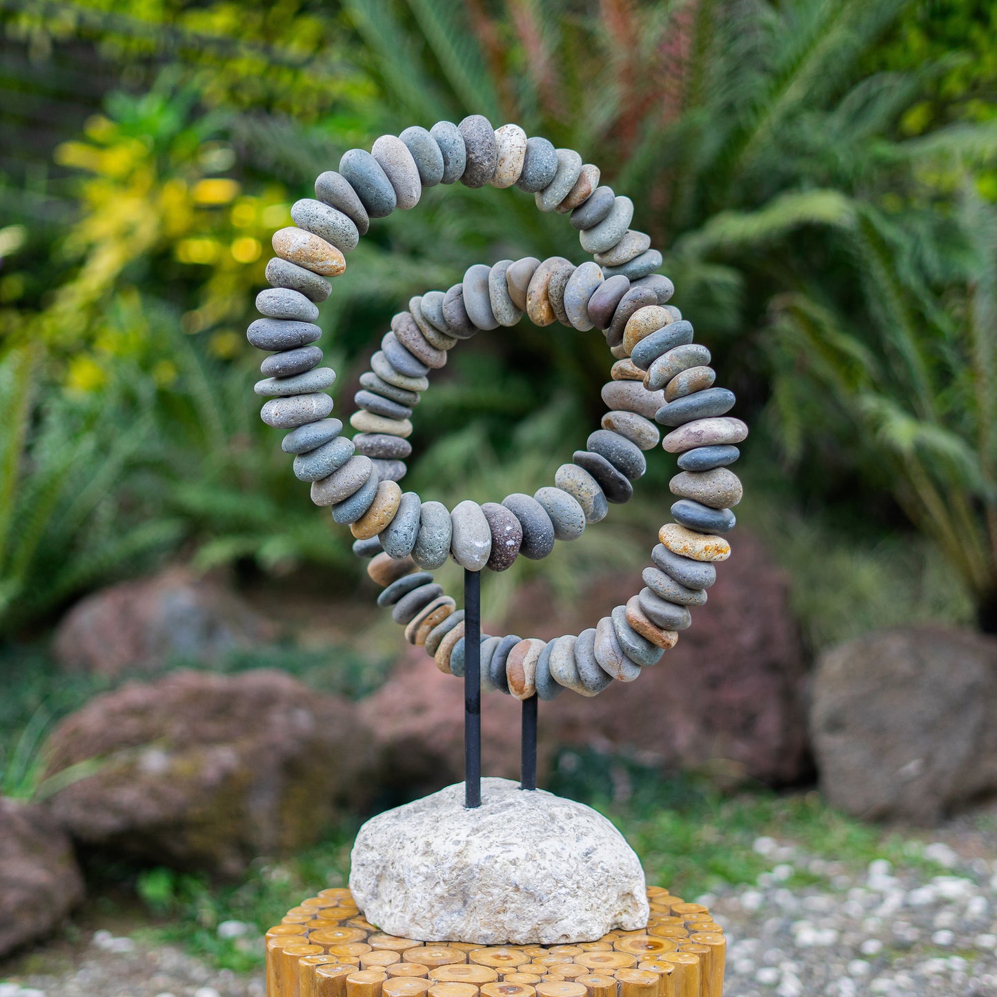 Beach Pebble Double Ring on Stand Set of 2 By Garden Age Supply