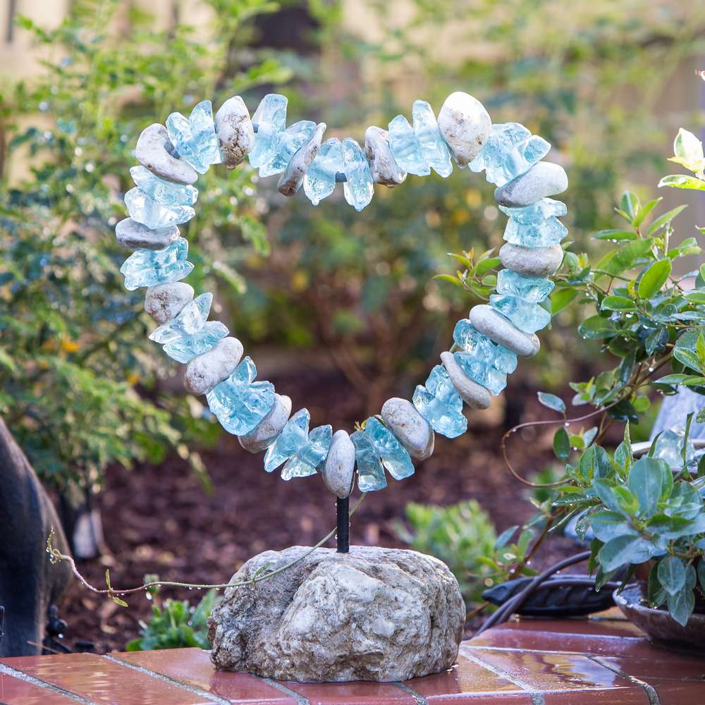 Glass & Stone Heart on the Rock 10" Dia x 16"H - Table Top min 2. Set of 2 By Garden Age Supply
