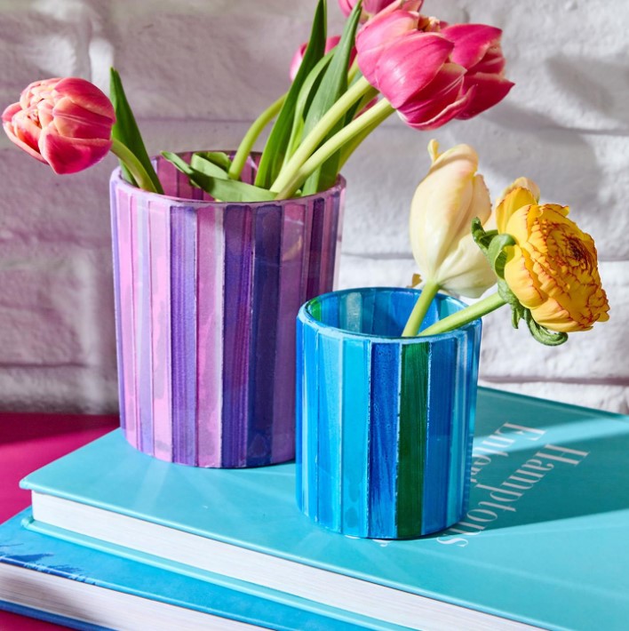 Mosaic Striations Set of 6 Tealight / Votive Candle Holders Includes 3 Colors: Blue, Green, Pink - Two's Company