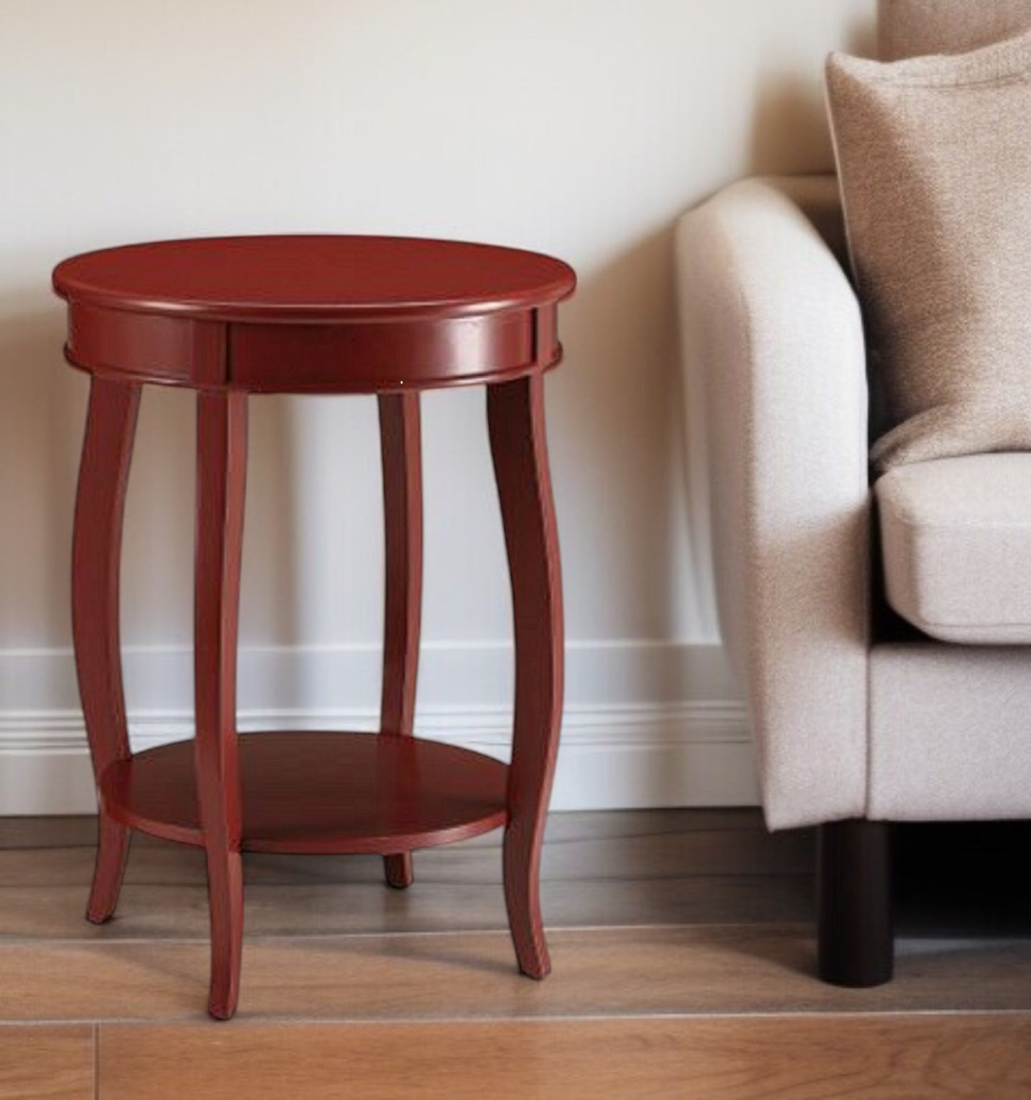 Red Wood Round End Table With Shelf By Homeroots | End Tables | Modishstore - 8