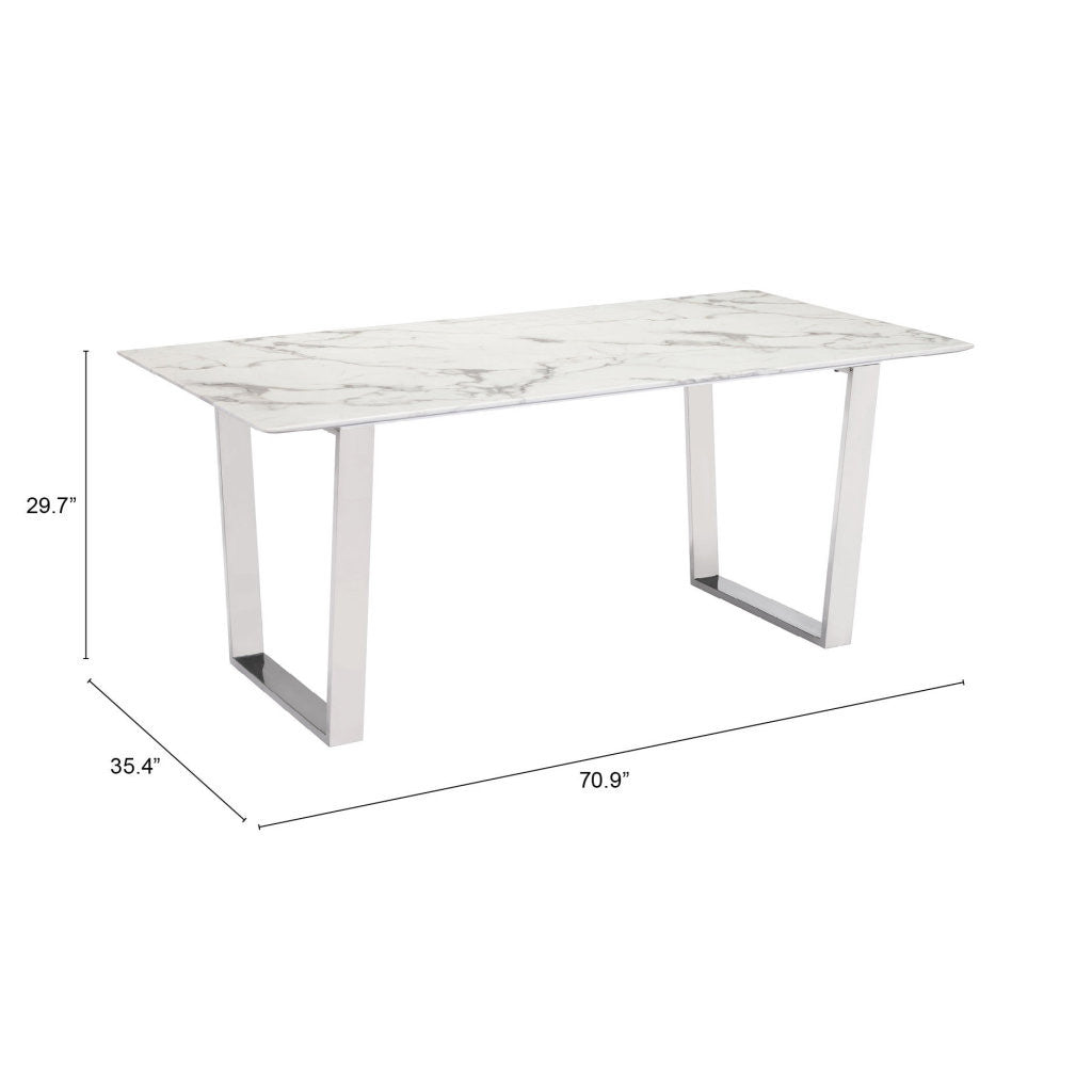 White And Silver Marble And Steel Sled Base Dining Table By Homeroots | Dining Tables | Modishstore - 6