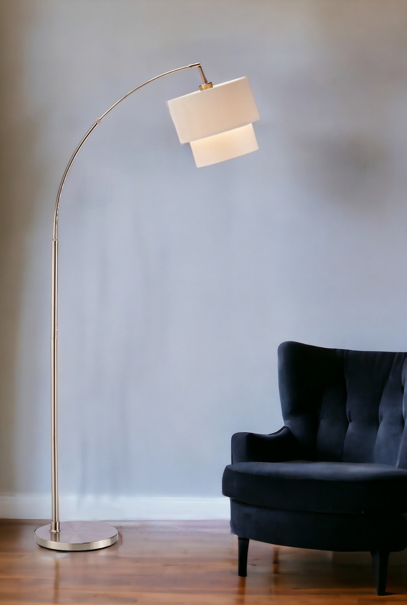 Silver Adjustable Arched Floor Lamp With White And Natural Fabric Drum Shade By Homeroots | Floor Lamps | Modishstore - 1