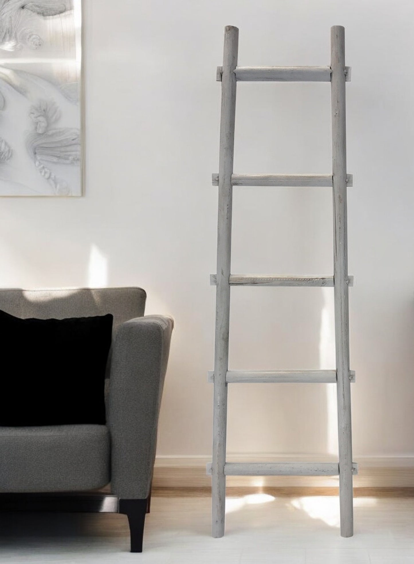 Gray Five Step Rustic Weathered Grey Wood Ladder Shelf By Homeroots | Wall Decor | Modishstore - 1