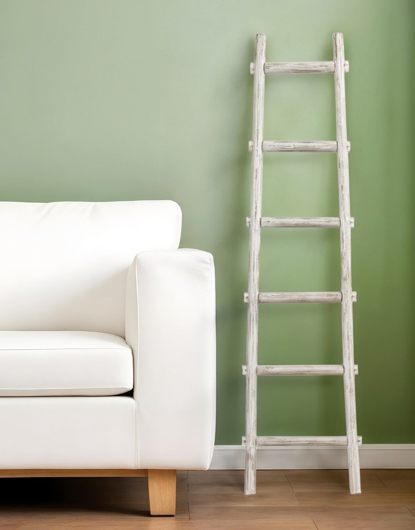 White Rustic Six Step Wood Ladder Shelf By Homeroots | Wall Decor | Modishstore - 8