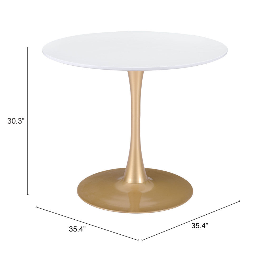 White And Gold Rounded Steel Pedestal Base Dining Table By Homeroots | Dining Tables | Modishstore - 7