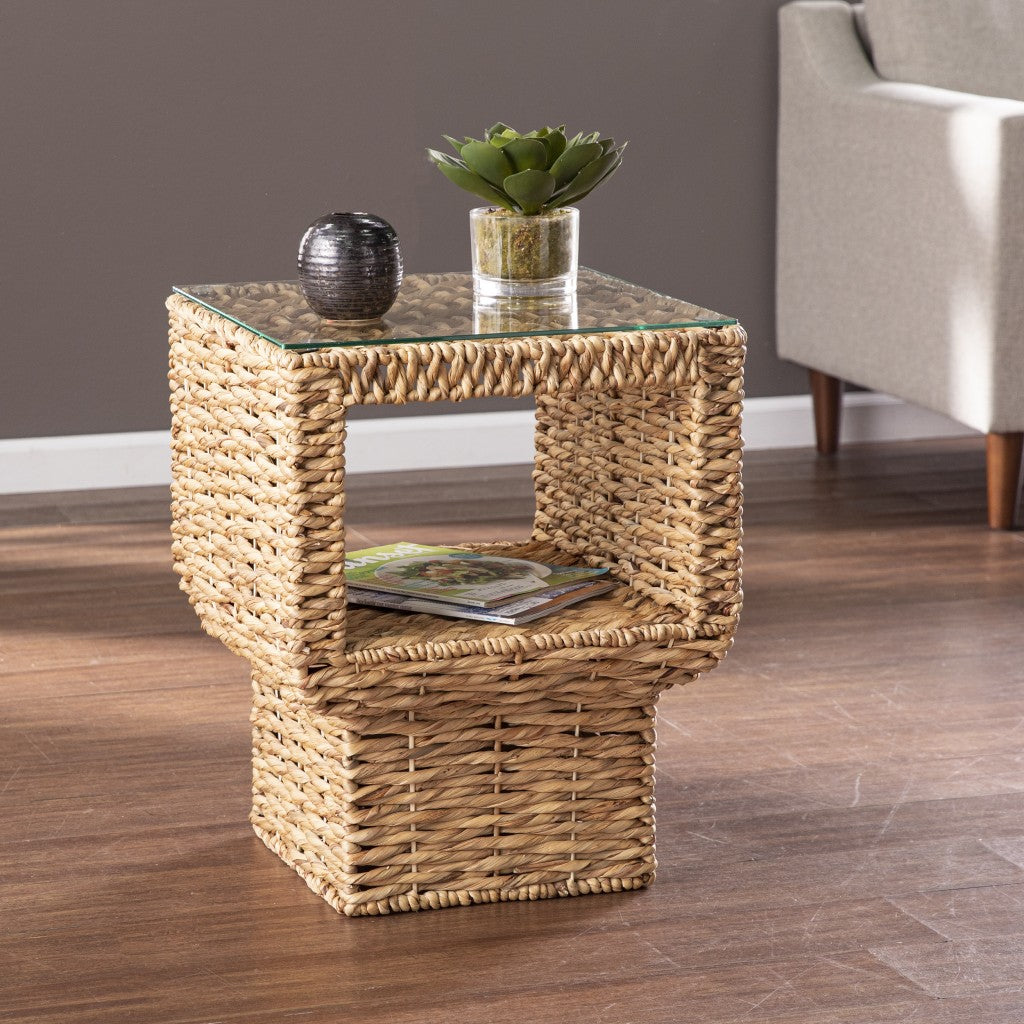 Brown And Clear Glass And Rattan Wicker Square End Table By Homeroots | End Tables | Modishstore - 8