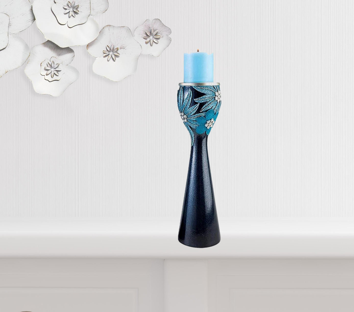 Set Of Two Navy and Aqua Floral Bling Candle Holders with Candles By Homeroots | Candle Holders | Modishstore - 6