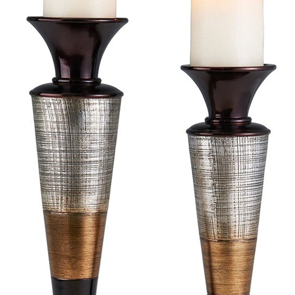 Set of Two Espresso Silver and Gold Polyresin Striped Centerpiece Pillar Candle Holders With Candle By Homeroots | Candle Holders | Modishstore - 4