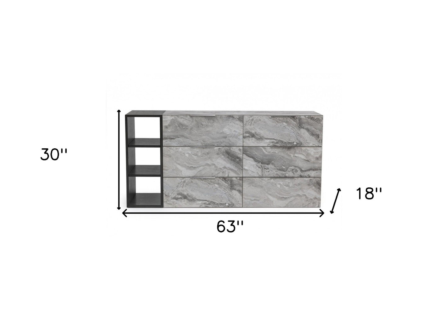 Grey Faux Marble and Black Wood Six Drawer Double Dresser By Homeroots | Dressers | Modishstore - 8