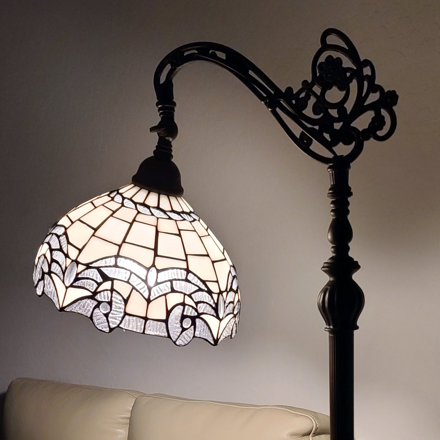 Brown Metal Arched Floor Lamp With White Geometric Stained Glass Shade By Homeroots | Floor Lamps | Modishstore - 8