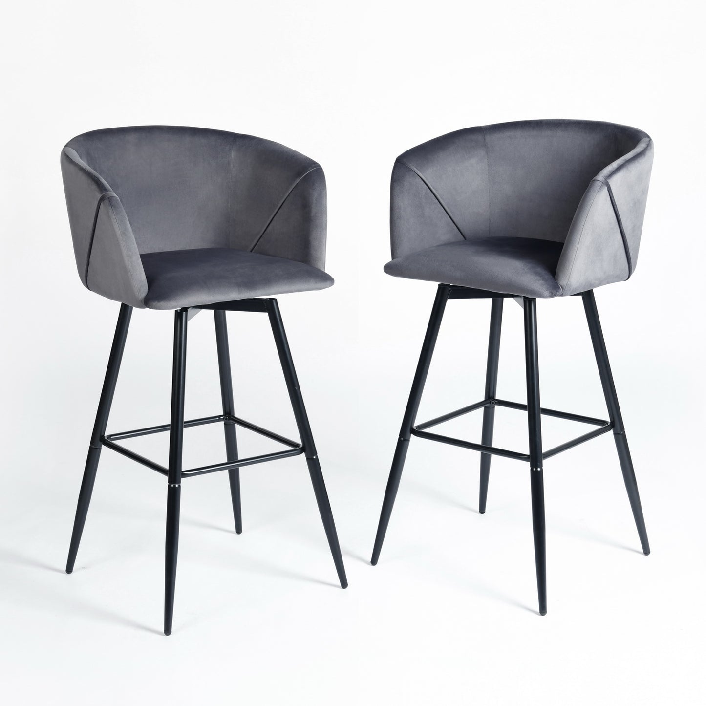 Set of Two Gray And Black Velvet And Steel Low Back Bar Height Bar Chairs By Homeroots | Bar Stools | Modishstore - 5