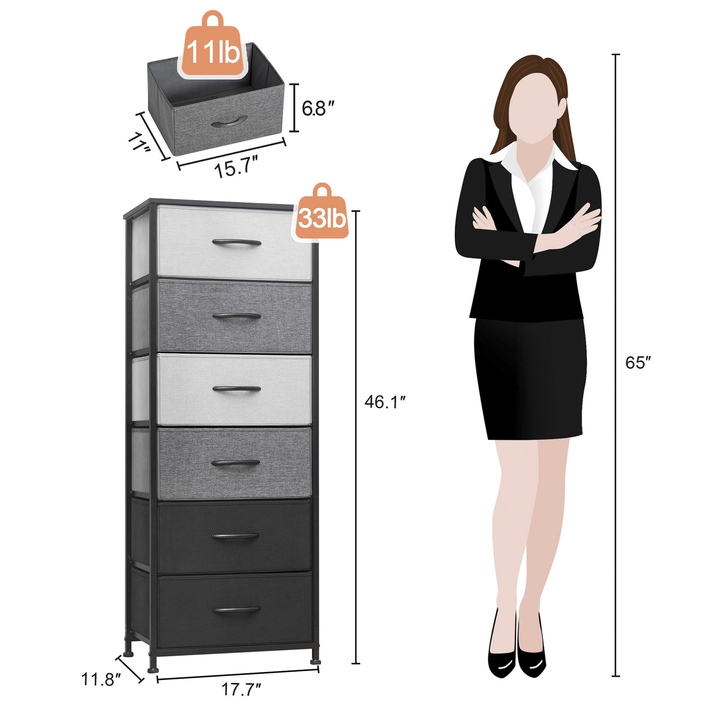 Gray and Black Steel and Fabric Six Drawer Chest By Homeroots | Dressers | Modishstore - 6