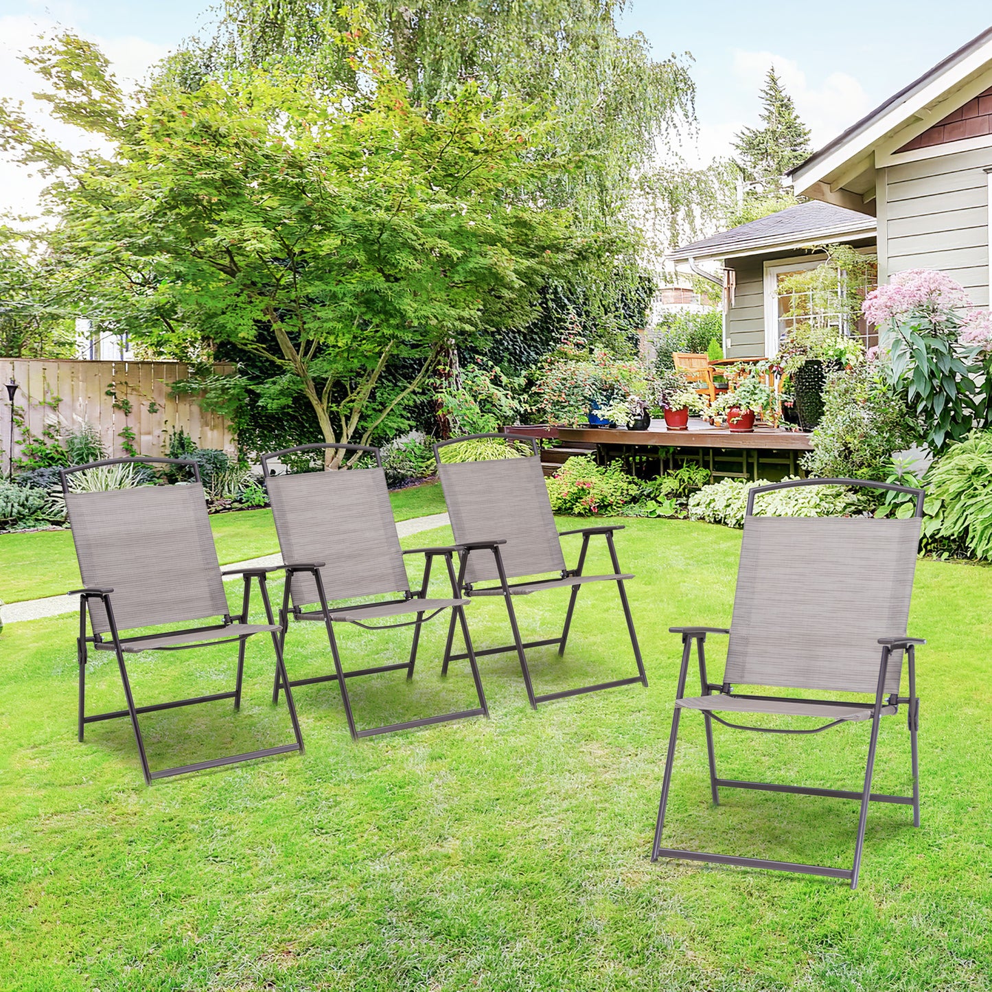 Set of Four Brown Steel Sling Outdoor Folding Arm Chairs By Homeroots | Outdoor Chairs | Modishstore - 8