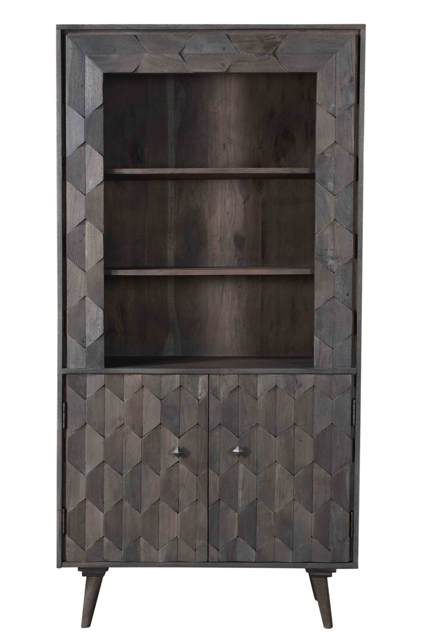 Gray Distressed Solid Wood Three Tier Bookcase with Two Doors By Homeroots | Bookcases | Modishstore - 7