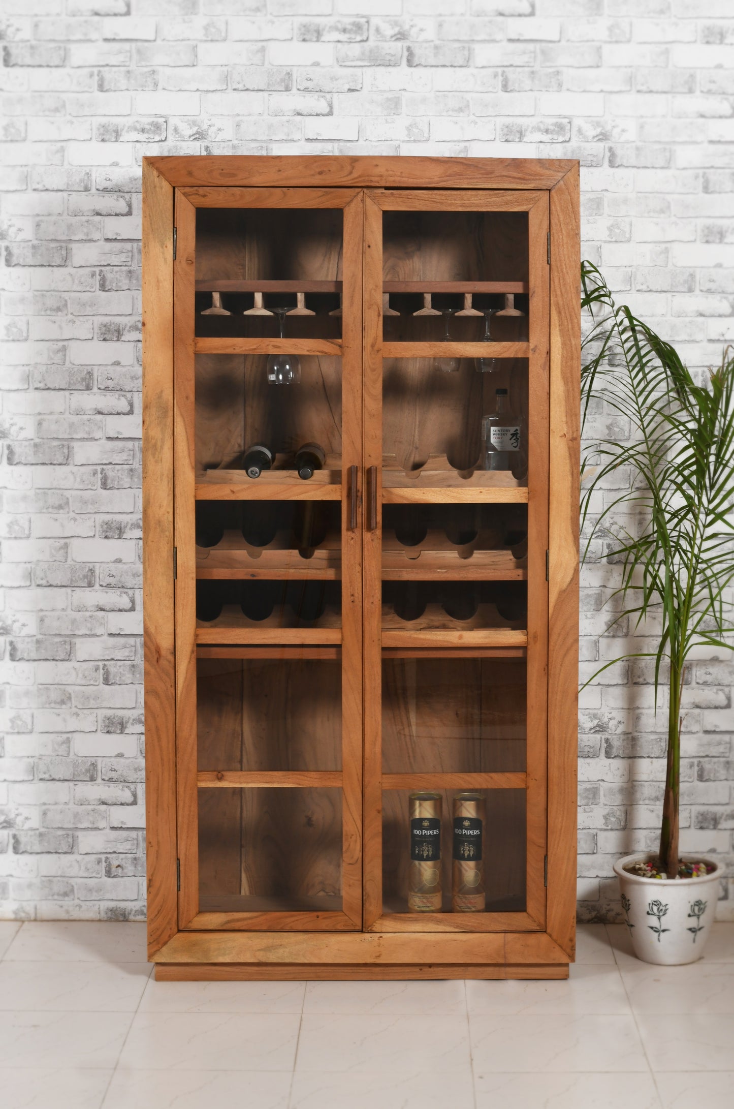Brown Solid Wood And Glass Bar Cabinet With Four Shelves By Homeroots | Cabinets | Modishstore - 8