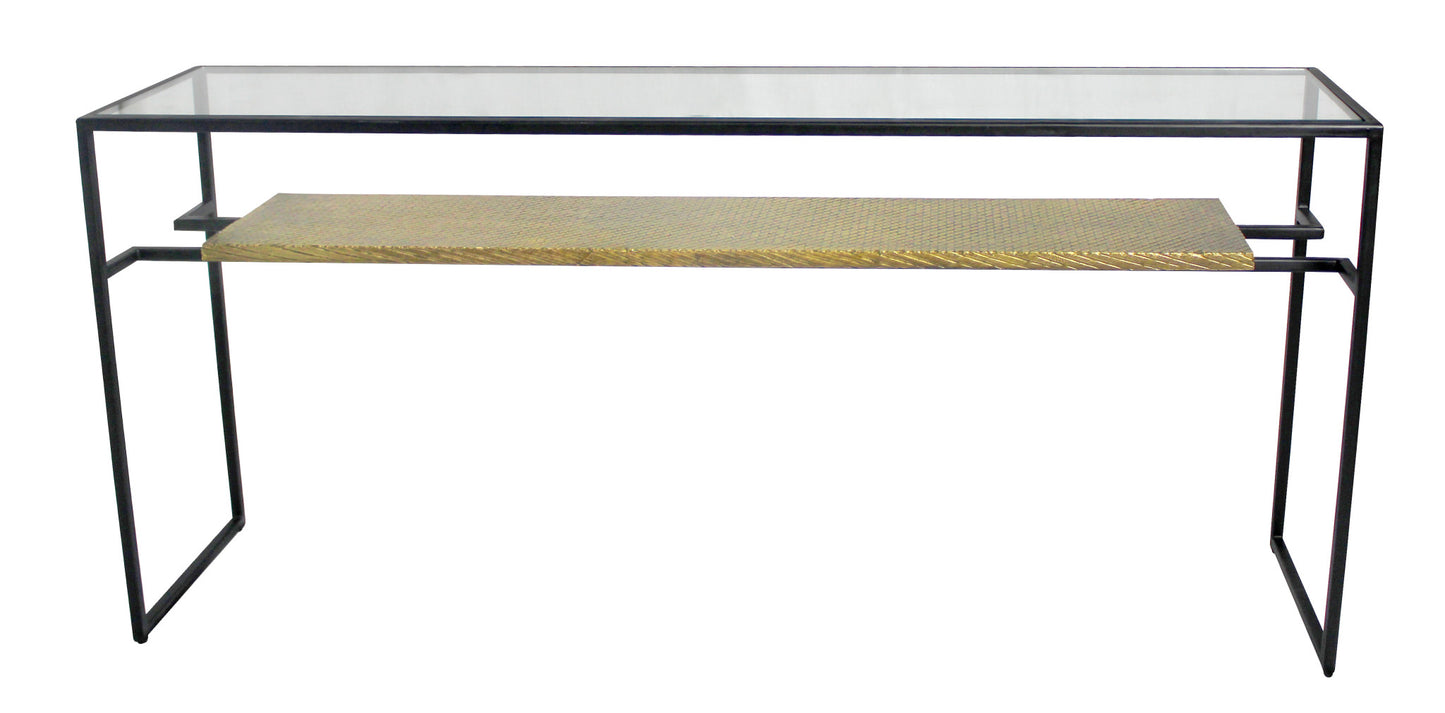 Clear Black and Gold Glass Sled Console Table With Shelves By Homeroots | Console Tables | Modishstore - 6