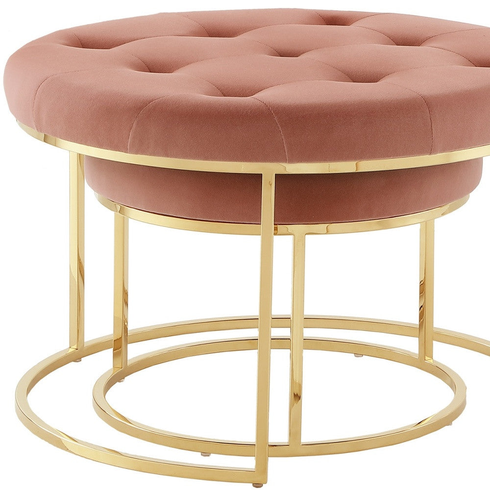 Set of Two Blush Velvet and Gold Tufted Round Ottoman By Homeroots | Ottomans | Modishstore - 8