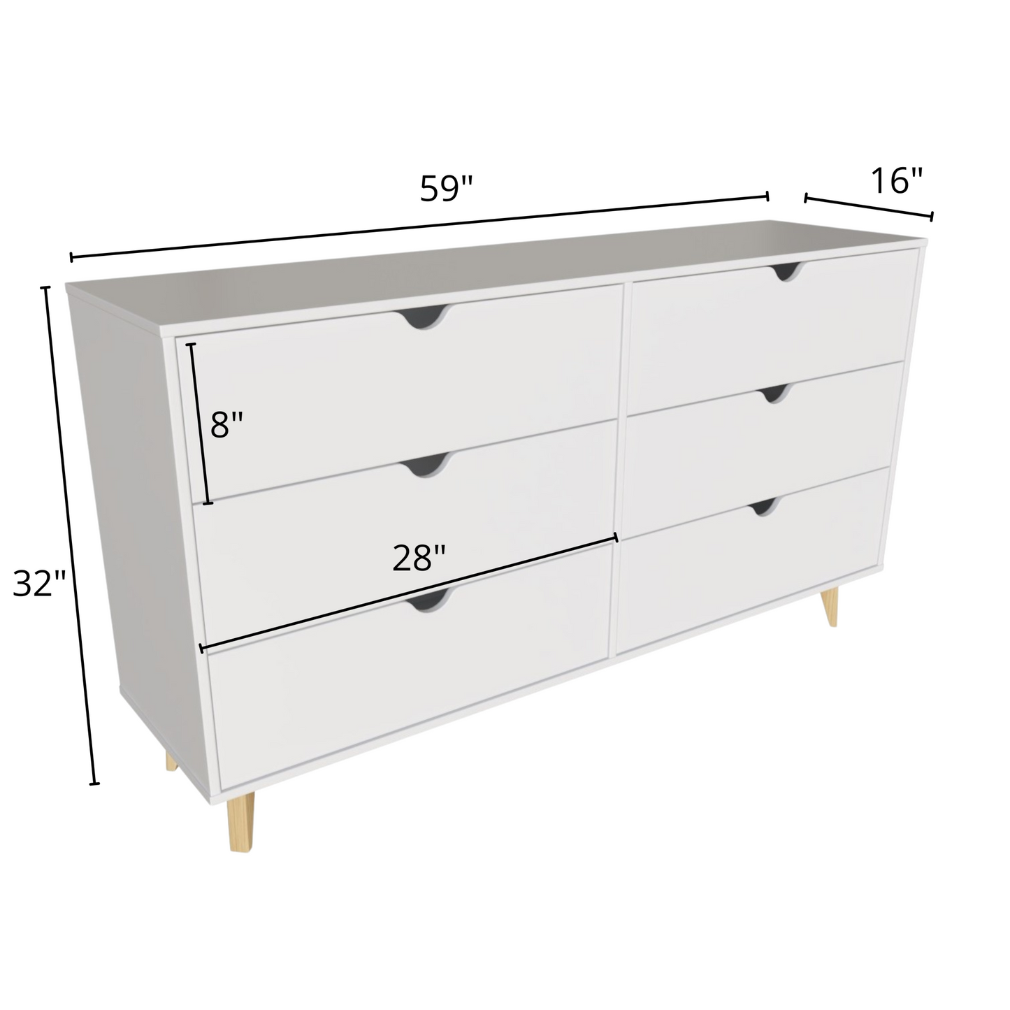 White Scoop Handle Six Drawer Double Dresser By Homeroots | Dressers | Modishstore - 8