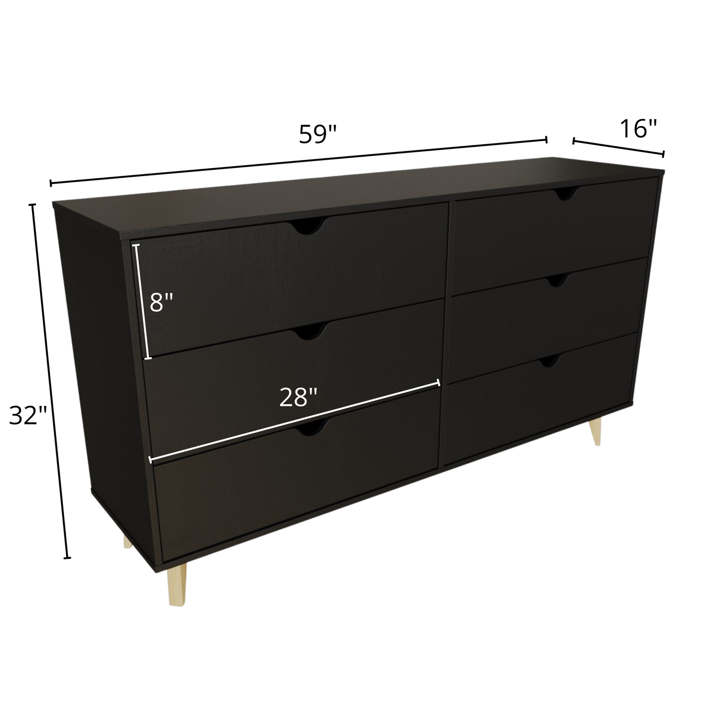 Black Scoop Handle Six Drawer Double Dresser By Homeroots | Dressers | Modishstore - 8
