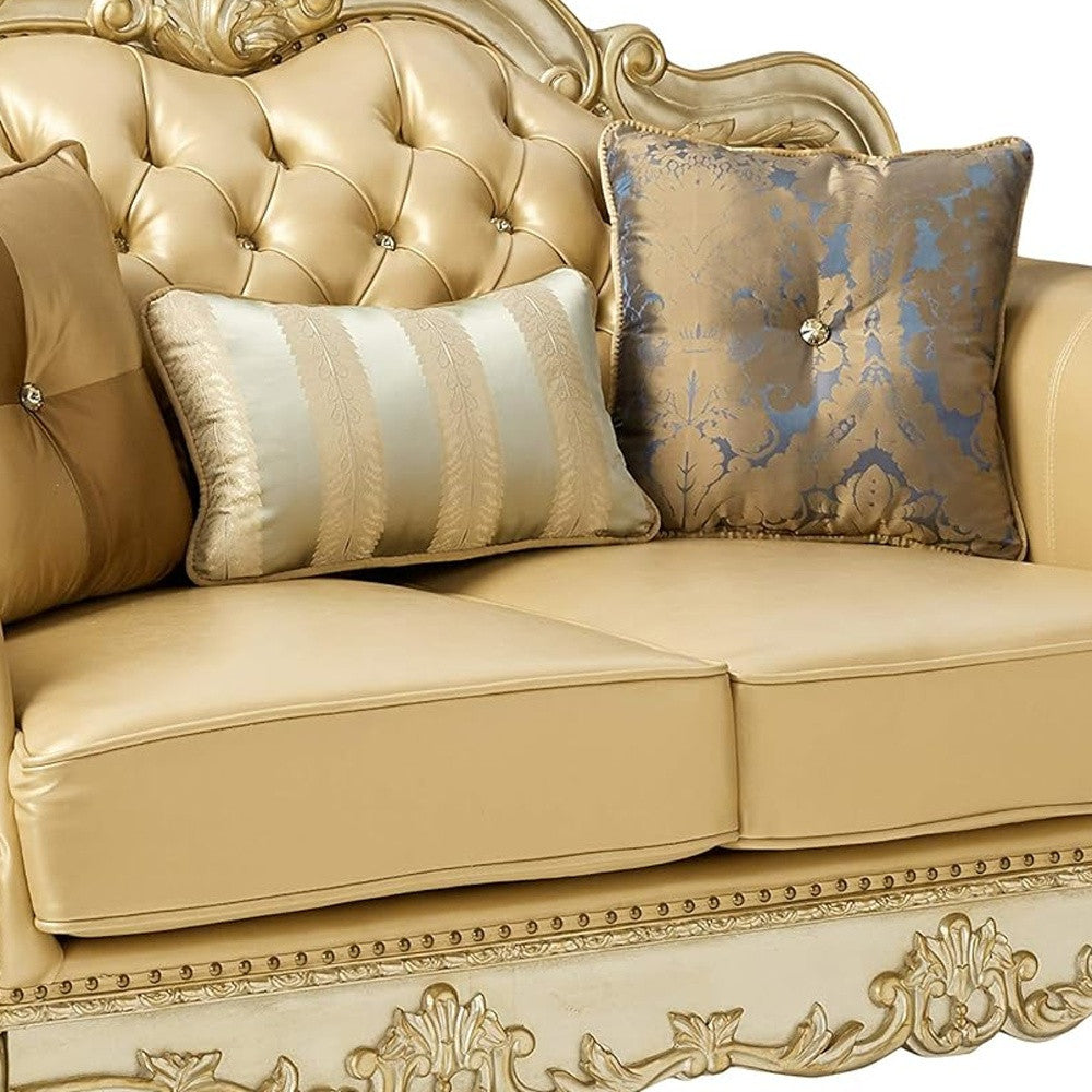 Bone And Gold Faux Leather Loveseat and Toss Pillows By Homeroots | Loveseats | Modishstore - 8