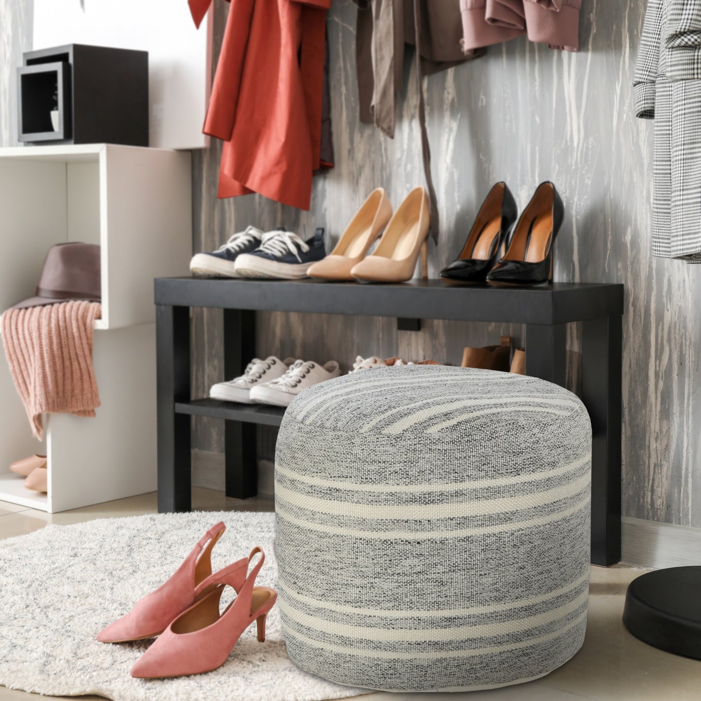 Gray Polyester Round Striped Indoor Outdoor Pouf Ottoman By Homeroots | Outdoor Ottomans | Modishstore - 8