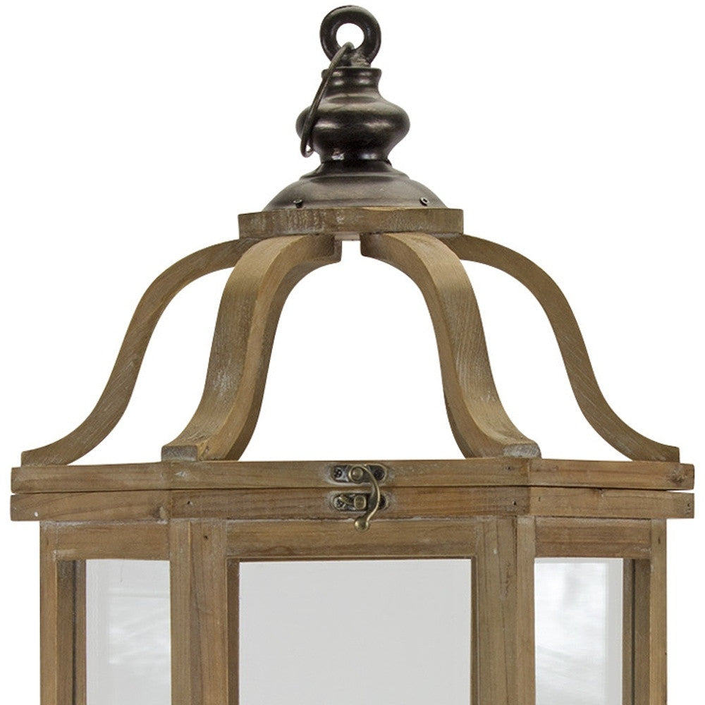 Set of Two Natural and Brown Wood and Metal Geometric Floor Lantern Candle Holders By Homeroots | Candle Holders | Modishstore - 8