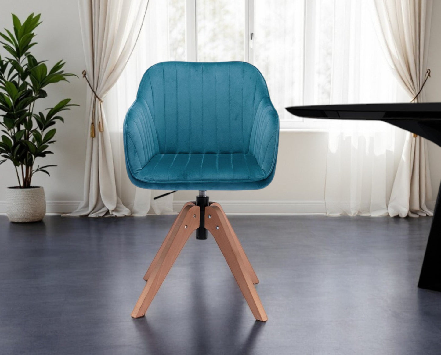 Tufted Teal Blue And Natural Velvet and Wood Dining Arm Chair By Homeroots | Dining Chairs | Modishstore - 7