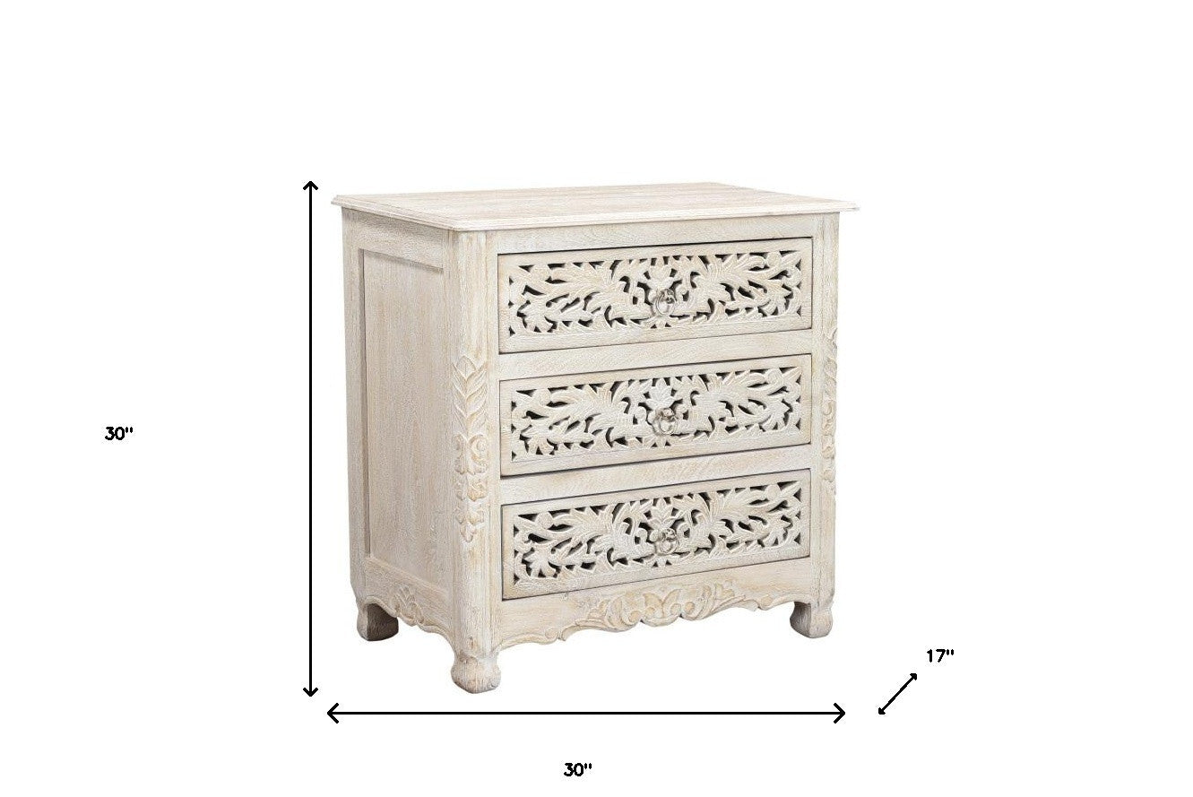 Distressed White Three Drawer Floral Carved Solid Wood Nightstand By Homeroots | Nightstands | Modishstore - 8