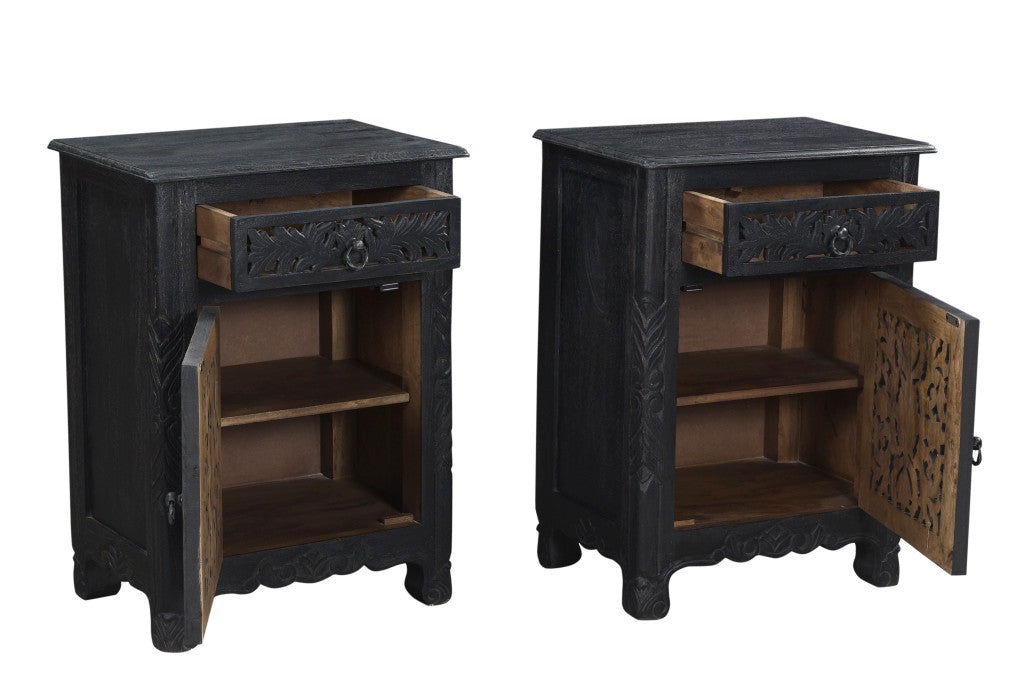 Distressed Black One Drawer Carved Floral Solid Wood Nightstand By Homeroots | Nightstands | Modishstore - 8