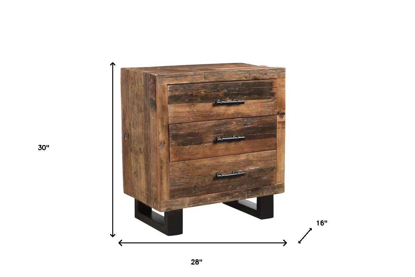 Distressed Dark Brown Three Drawer Wood and Metal Nightstand By Homeroots | Nightstands | Modishstore - 8