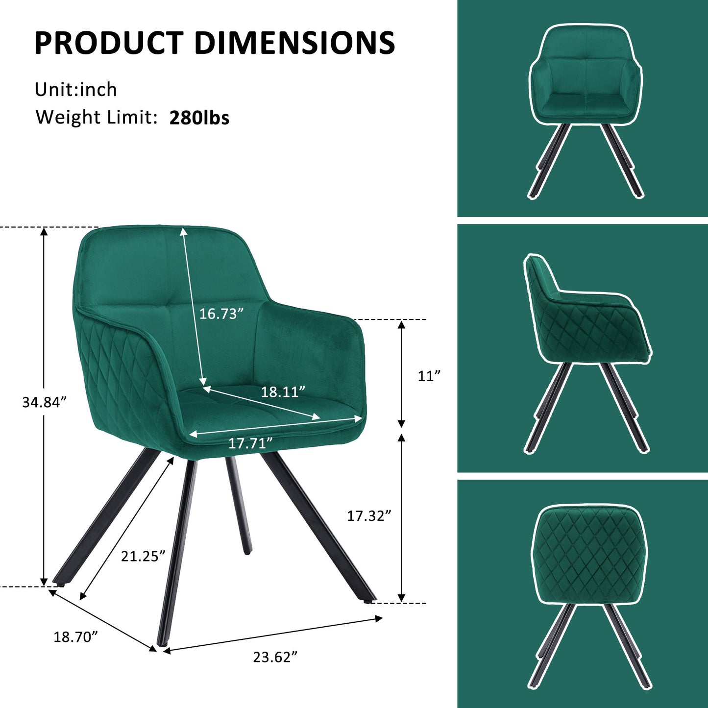 Tufted Green And Black Velvet and Metal Dining Arm Chair By Homeroots | Dining Chairs | Modishstore - 8
