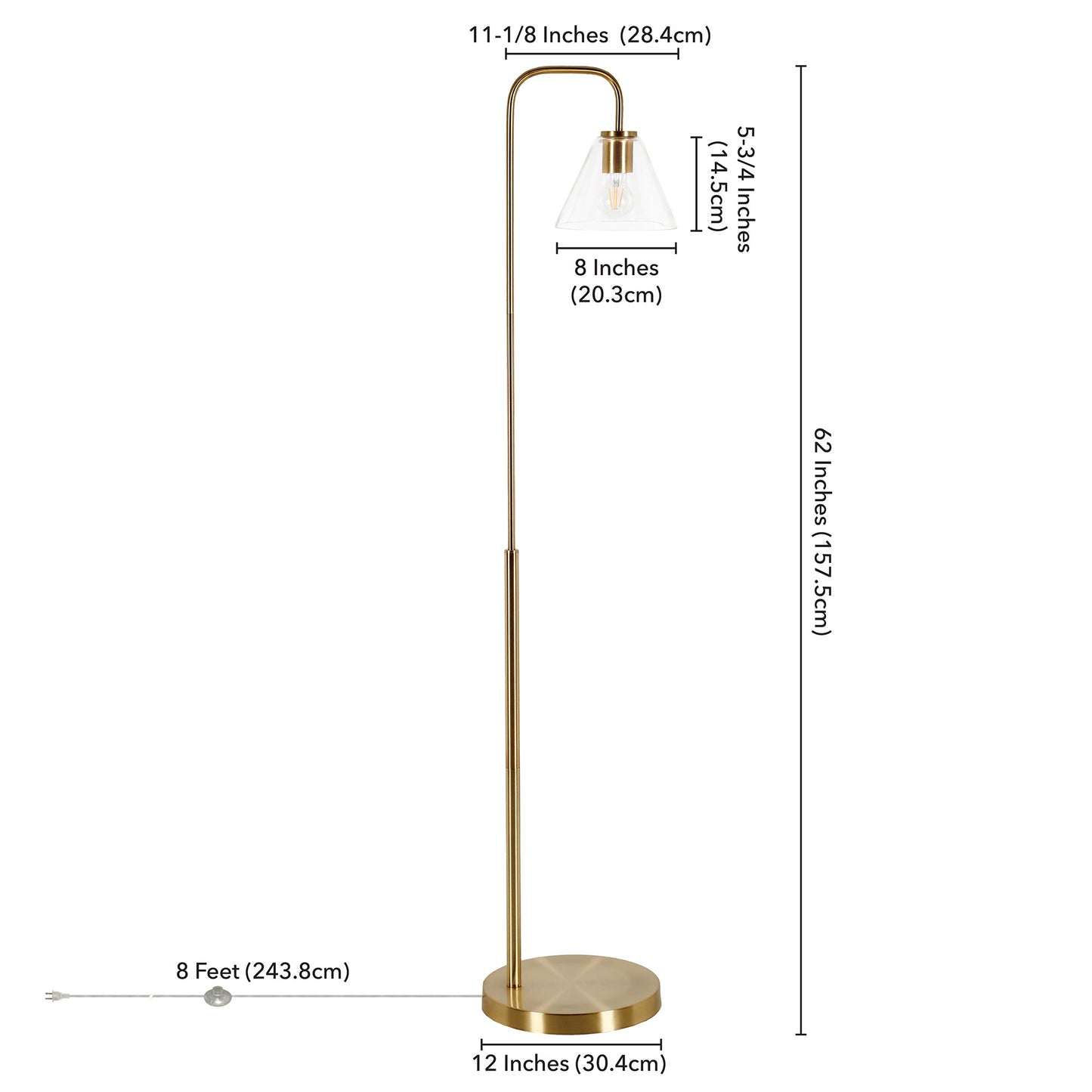 Brass Arched Floor Lamp With Clear Transparent Glass Cone Shade By Homeroots | Floor Lamps | Modishstore - 8