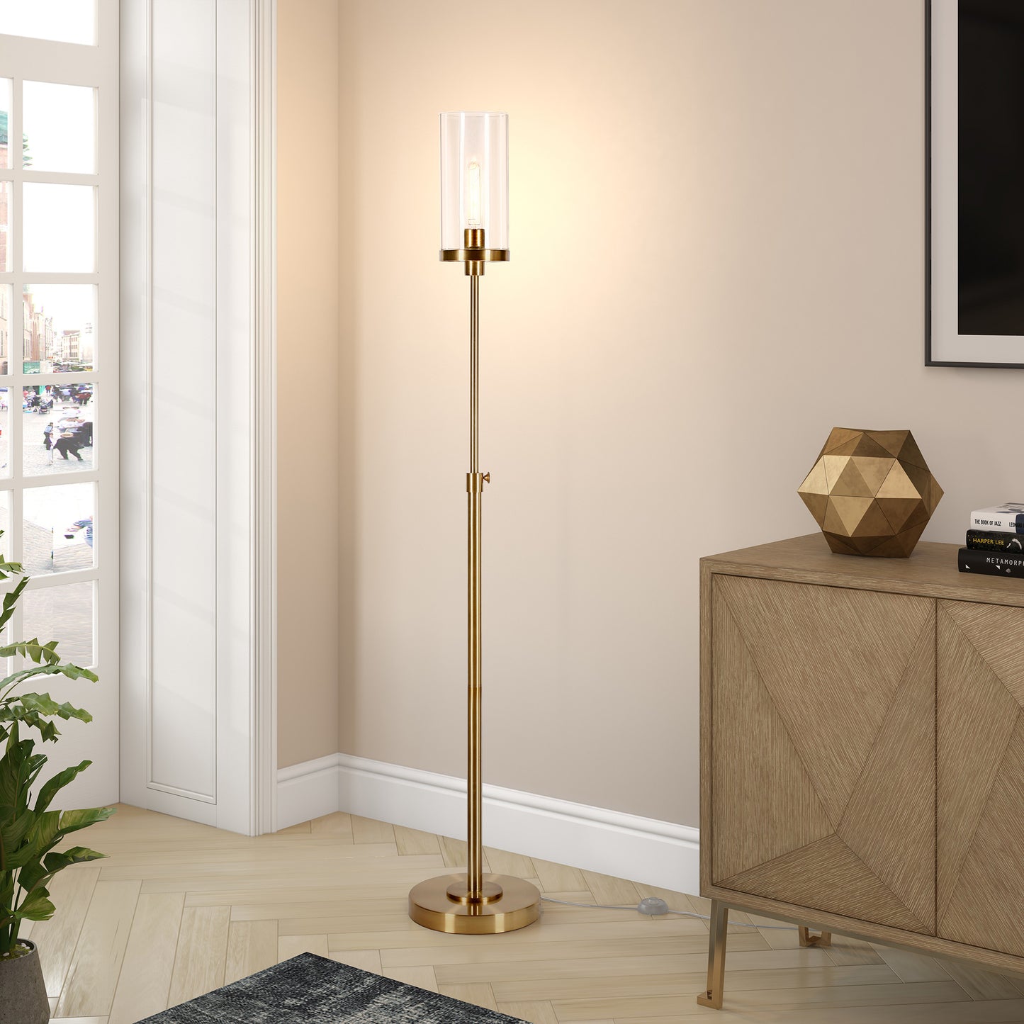Brass Adjustable Torchiere Floor Lamp With Clear Glass Cylinder Shade By Homeroots | Floor Lamps | Modishstore - 8