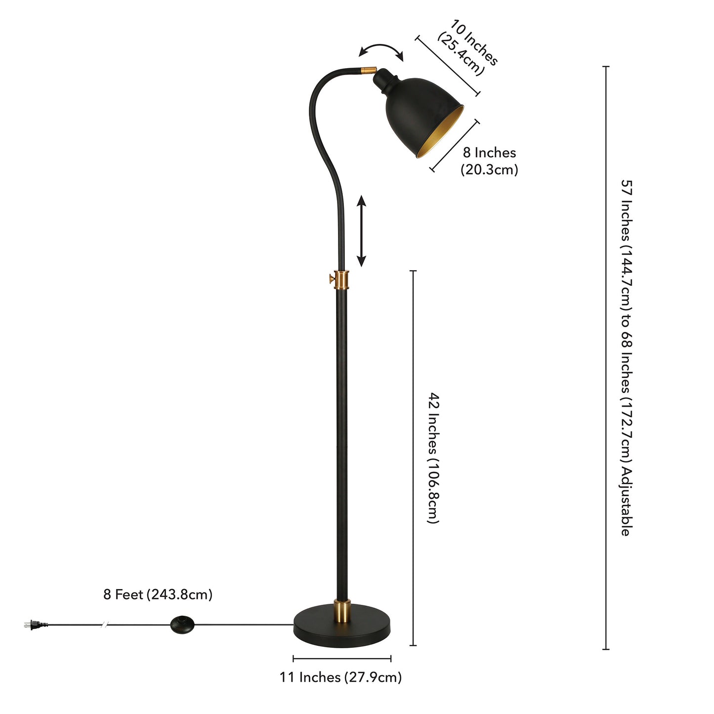 Black Adjustable Reading Floor Lamp With Black Dome Shade By Homeroots | Floor Lamps | Modishstore - 8