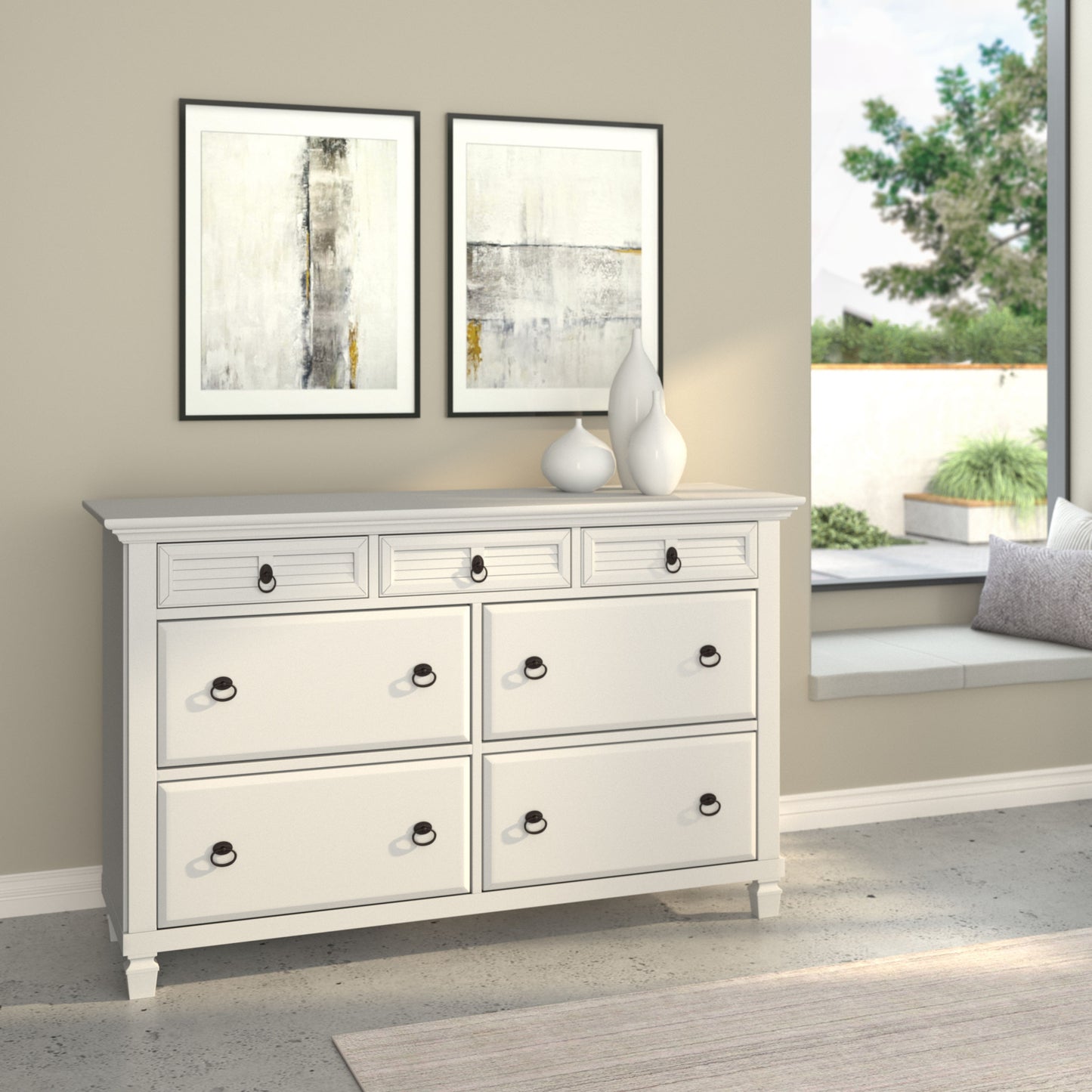 White Solid Wood Seven Drawer Double Dresser By Homeroots | Dressers | Modishstore - 8
