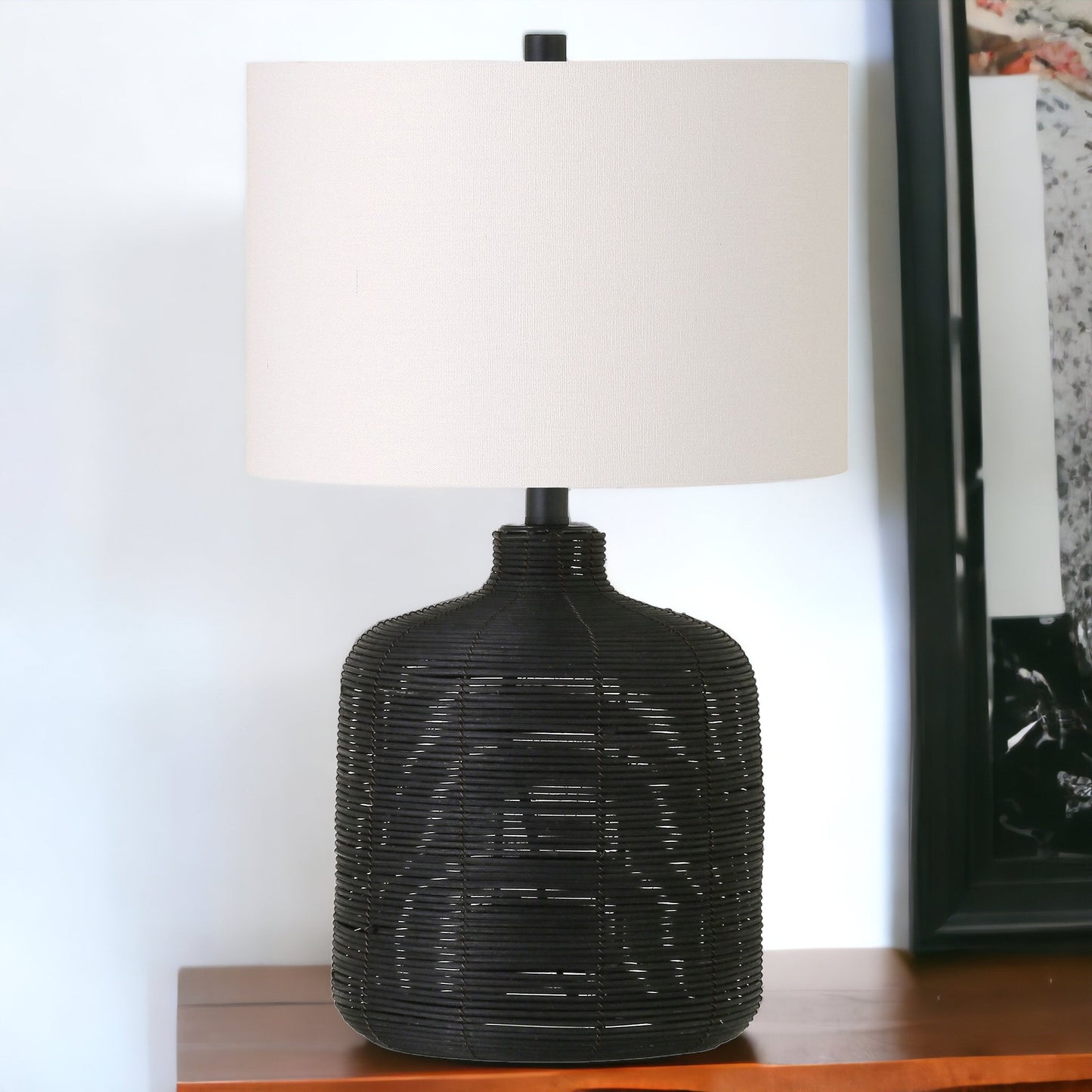 Black Rattan Table Lamp With White Drum Shade By Homeroots | Table Lamps | Modishstore - 8