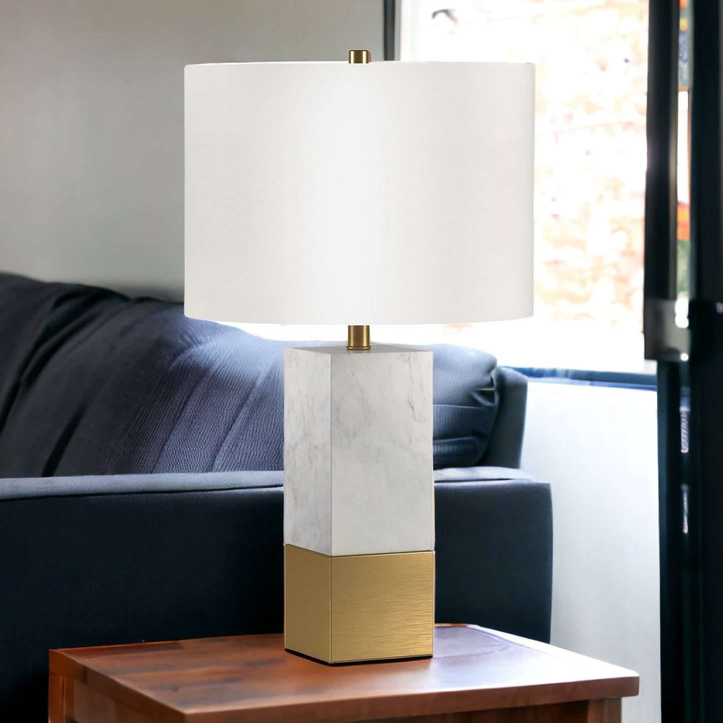 Gold and White Marble Table Lamp With White Drum Shade By Homeroots | Table Lamps | Modishstore - 8