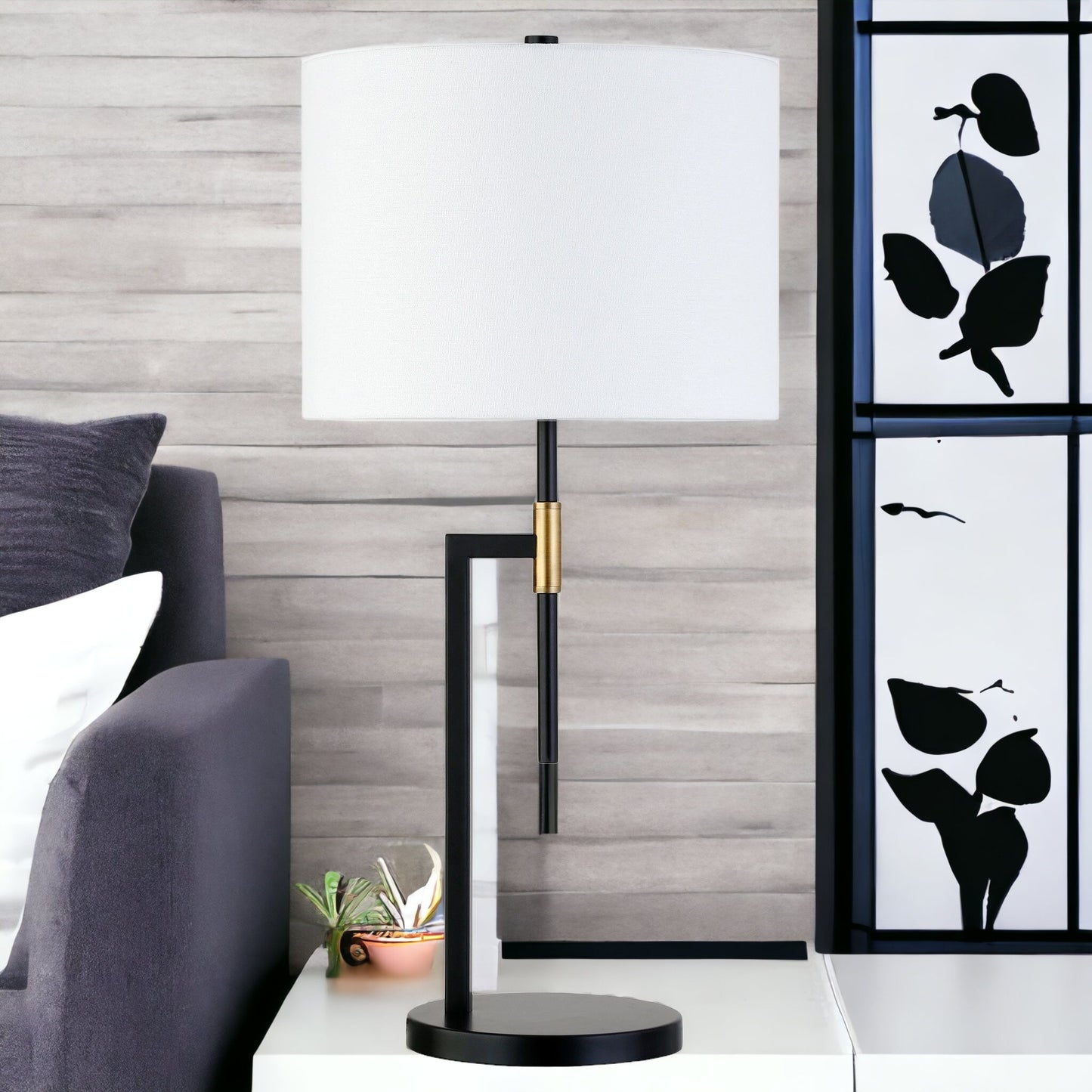 Black and Gold Metal Table Lamp With White Drum Shade By Homeroots | Table Lamps | Modishstore - 8