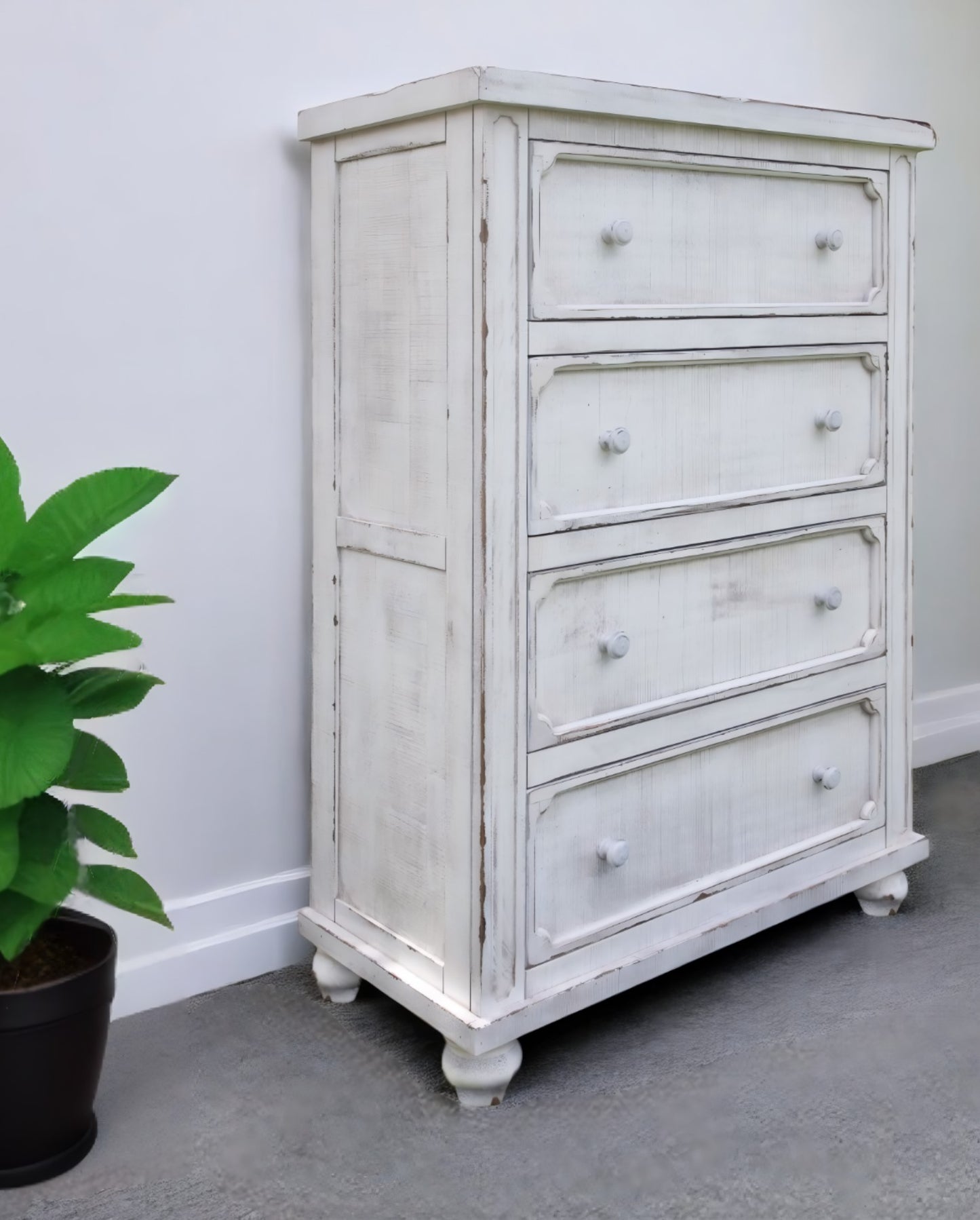 Antiqued White Solid Wood Four Drawer Chest By Homeroots | Dressers | Modishstore - 5
