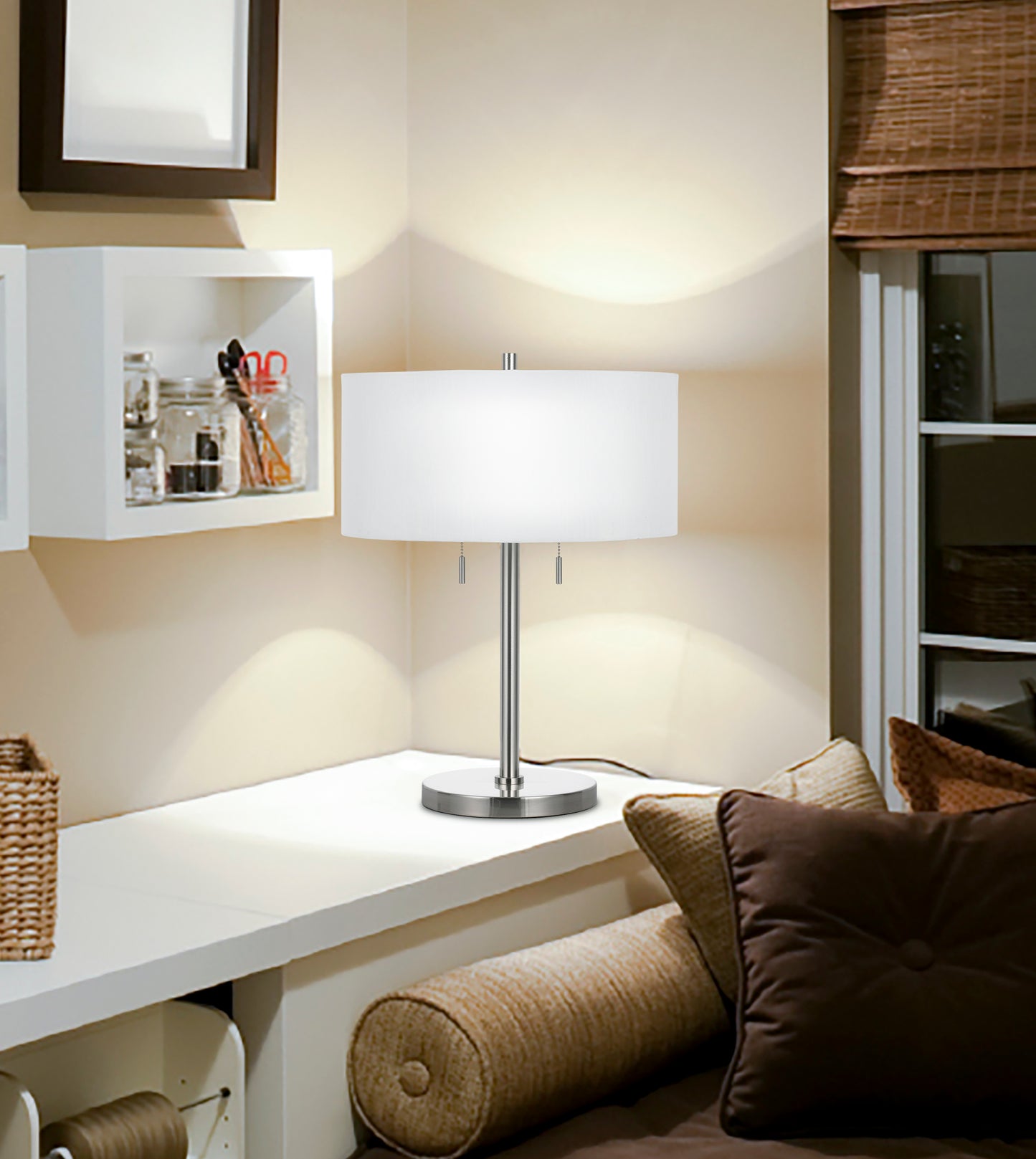 Nickel Metal Two Light Table Lamp With White Empire Shade By Homeroots | Table Lamps | Modishstore - 5