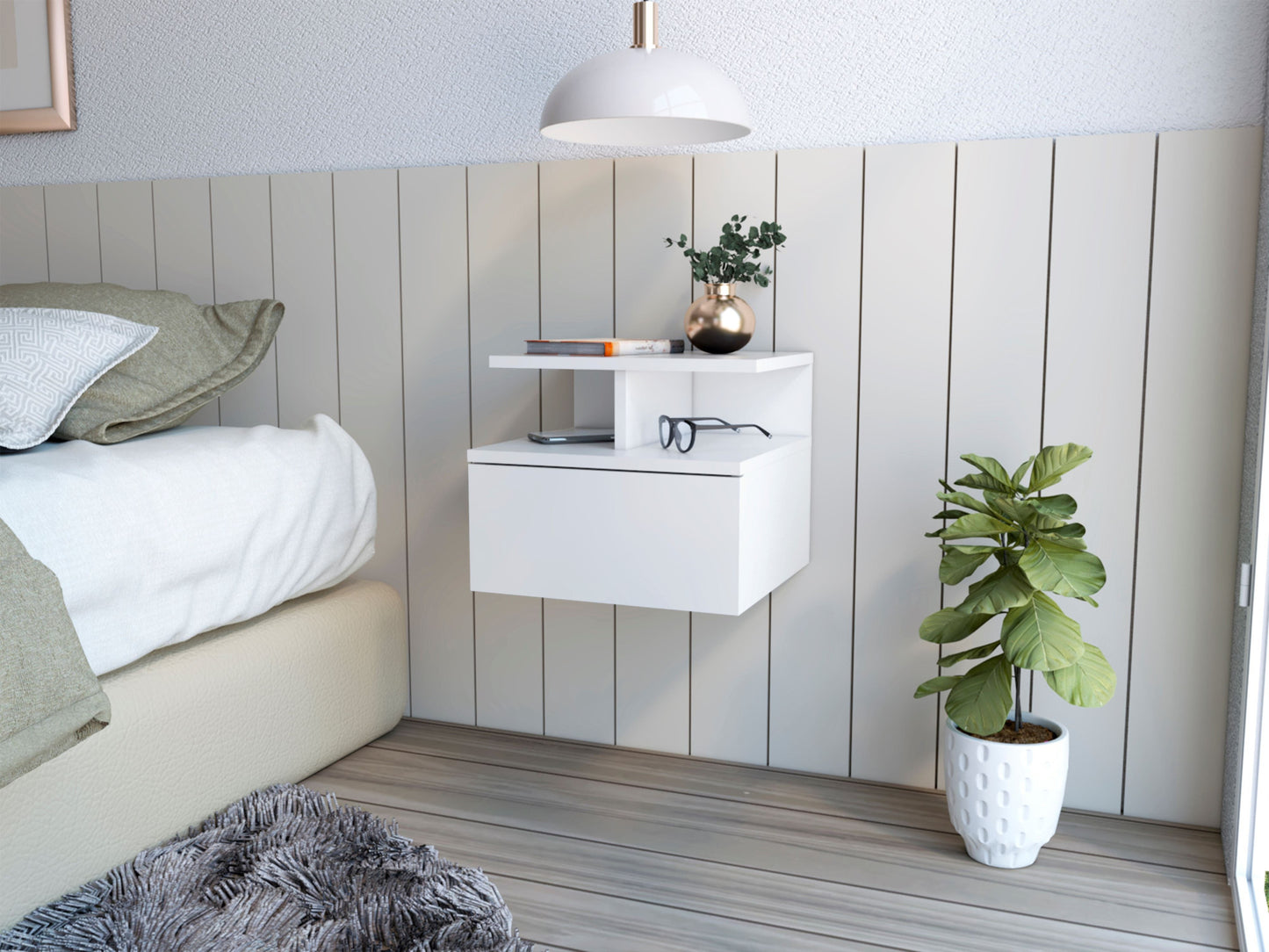 White One Drawer Faux Wood Floating Nightstand By Homeroots | Nightstands | Modishstore - 8