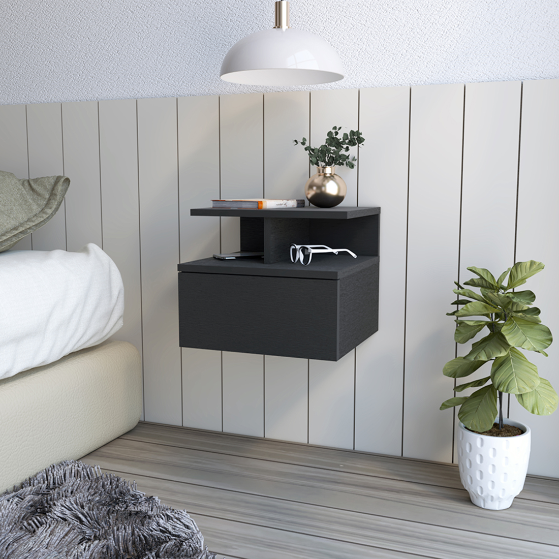 Black One Drawer Faux Wood Floating Nightstand By Homeroots | Nightstands | Modishstore - 8