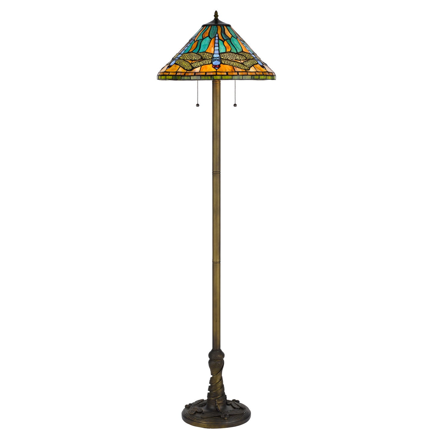 Brass Two Light Traditional Shaped Floor Lamp With Blue and Orange Dragonfly Tiffany Glass Empire Shade By Homeroots | Floor Lamps | Modishstore - 5
